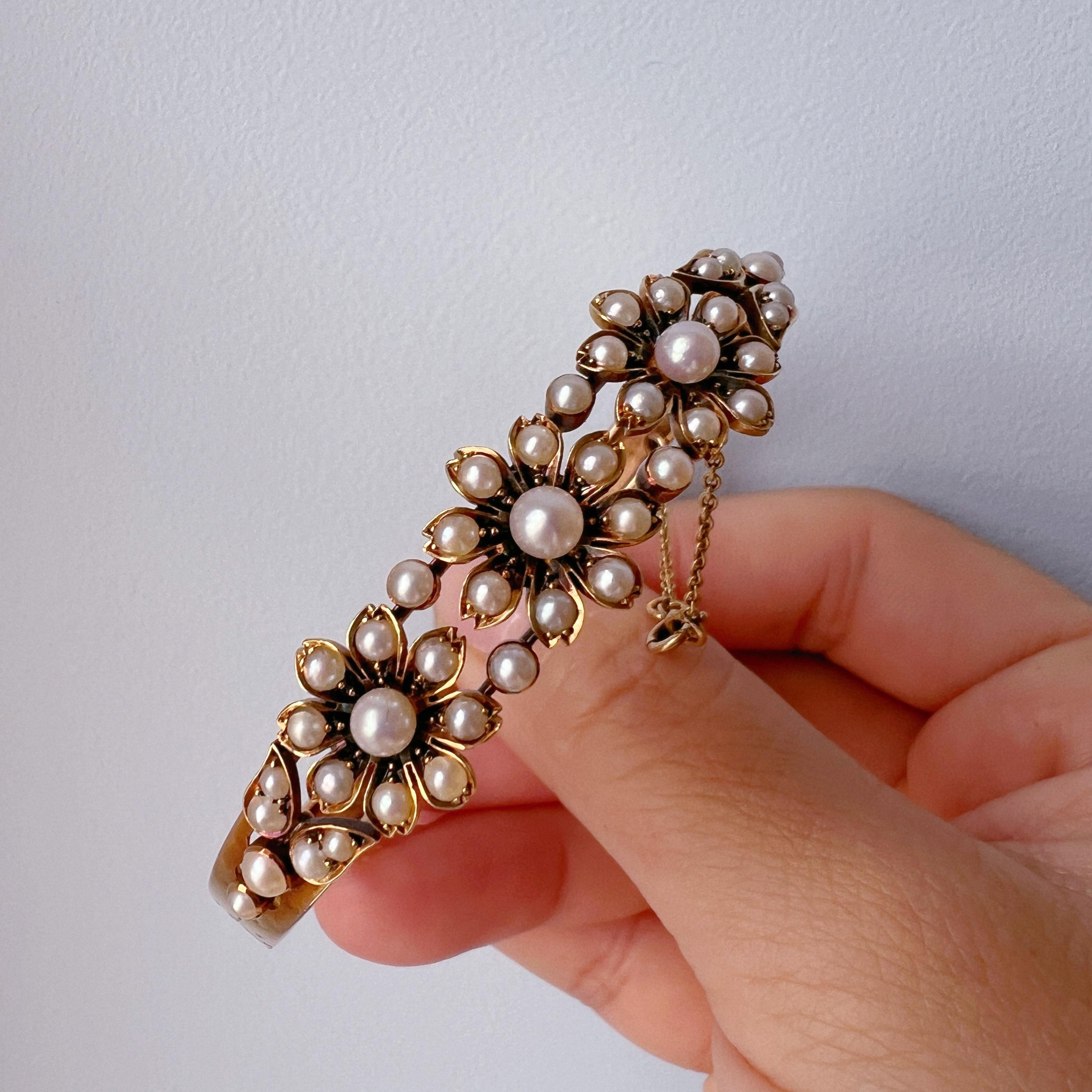 French antique Victorian 14k gold pearl flower bangle bracelet For Sale ...