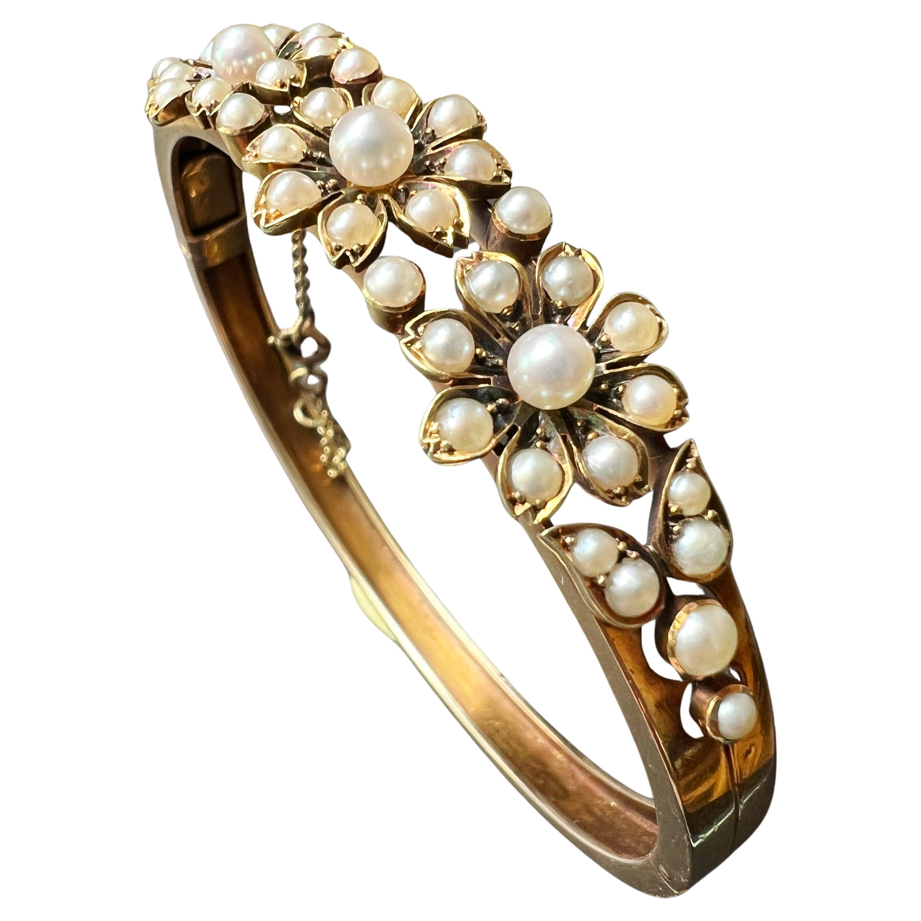 Bracelet jonc victorien français ancien en or 14 carats avec perles et fleurs
