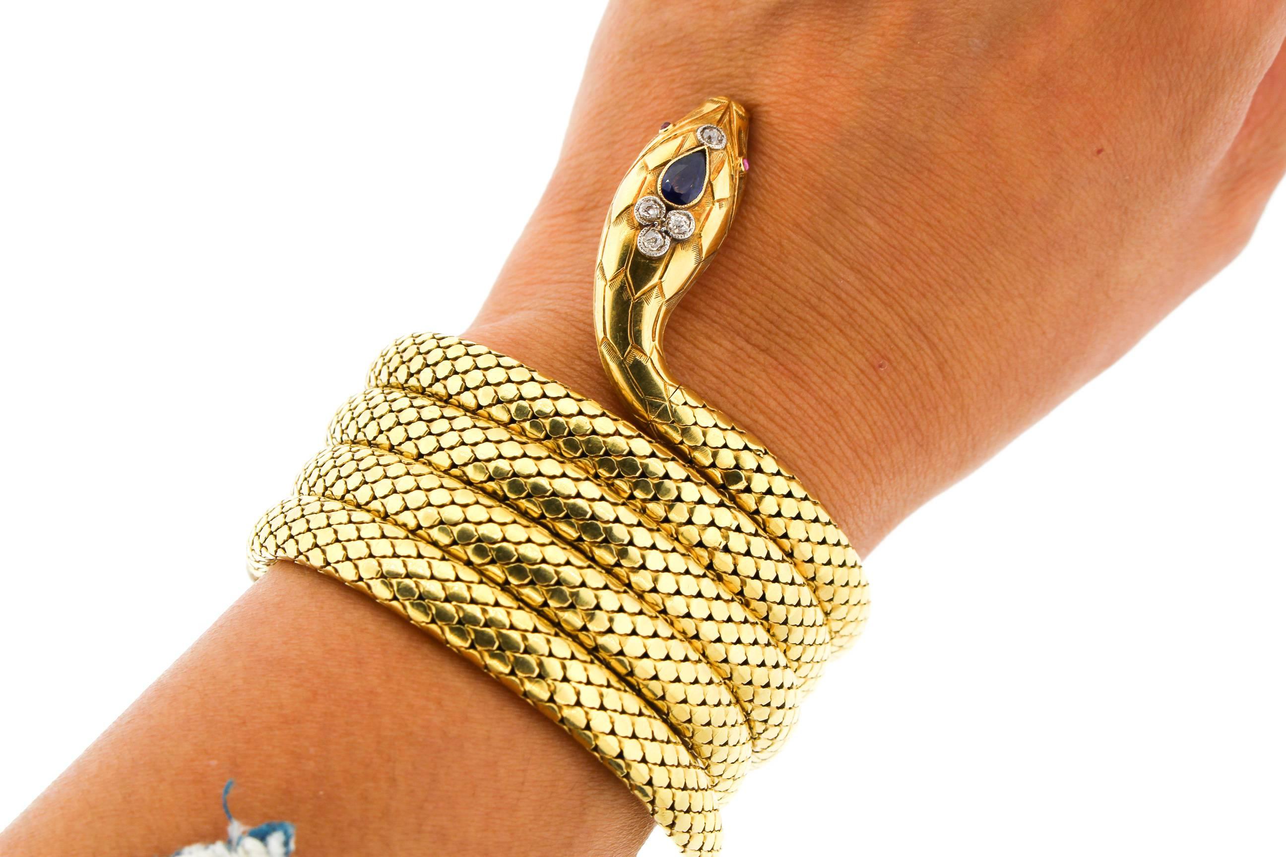French Antique Victorian 18 Karat Gold Sapphire Diamond Coiling Snake Bracelet In Good Condition In New York, NY