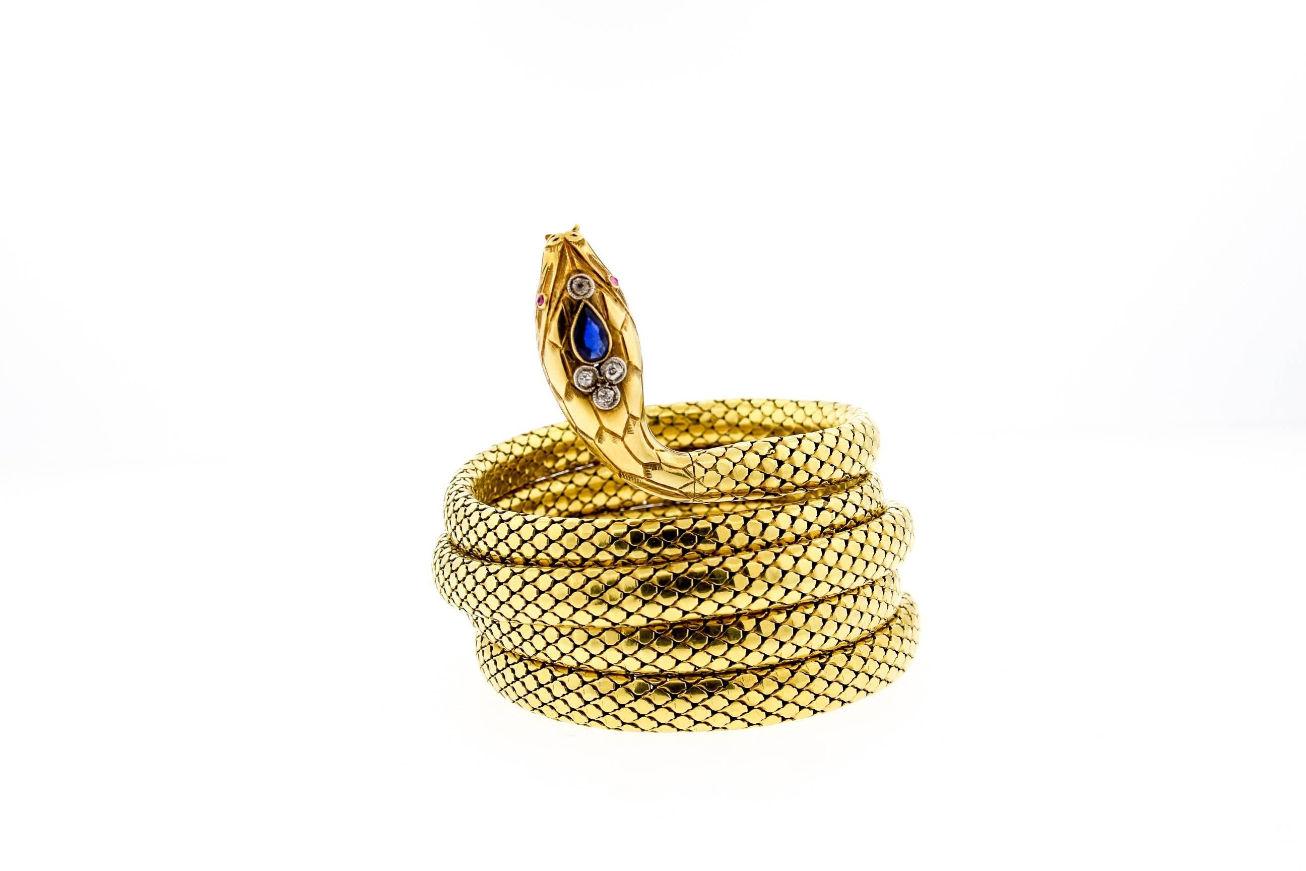 Women's or Men's French Antique Victorian 18 Karat Gold Sapphire Diamond Coiling Snake Bracelet