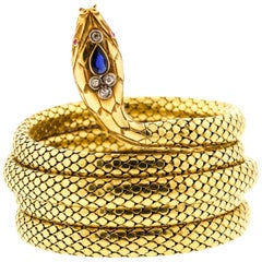 French Antique Victorian 18 Karat Gold Sapphire Diamond Coiling Snake Bracelet