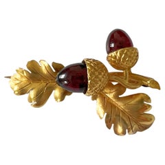 French Antique Victorian Era 18k Gold Garnet Acorn Brooch