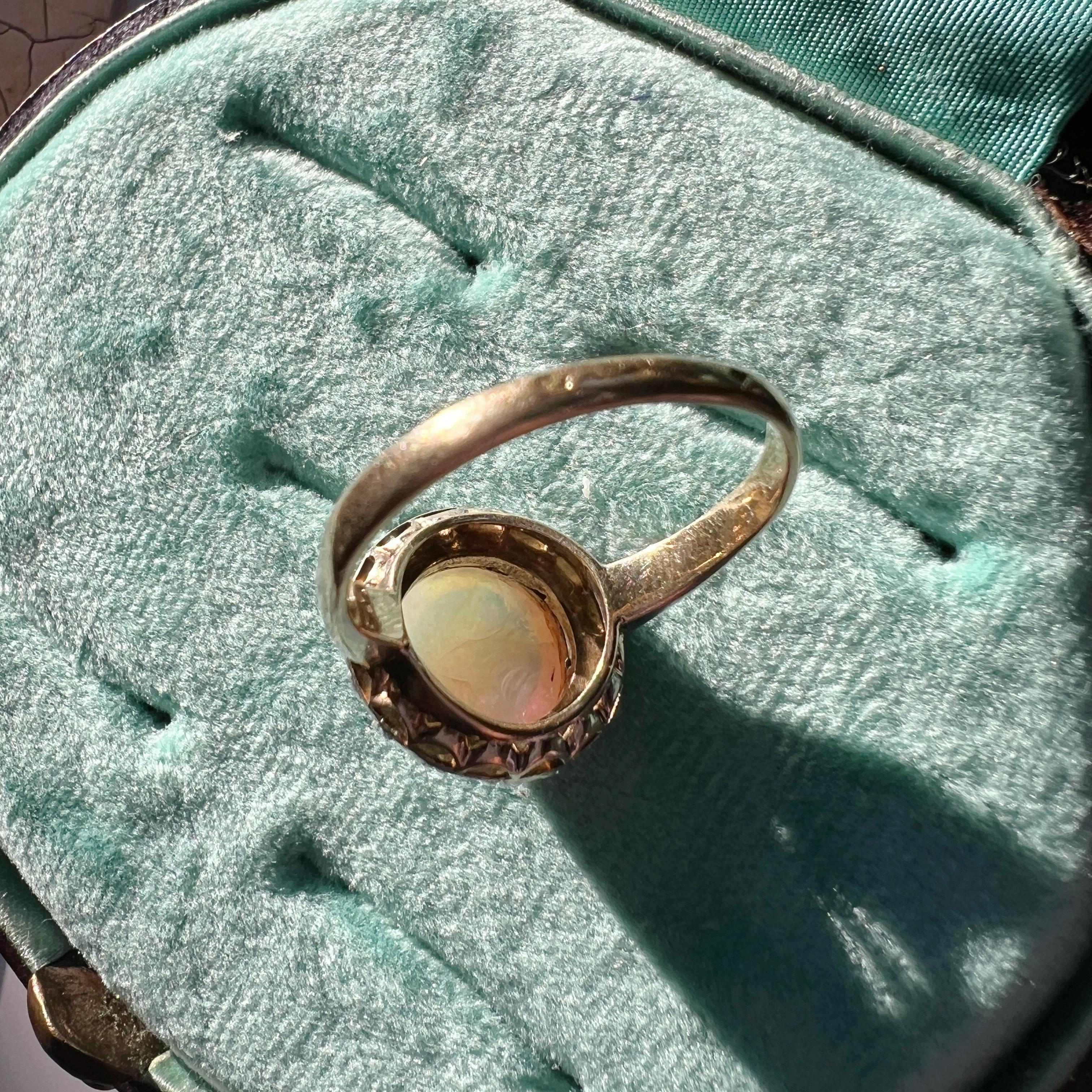 French antique Victorian era 18K gold opal cabochon diamond halo ring 5