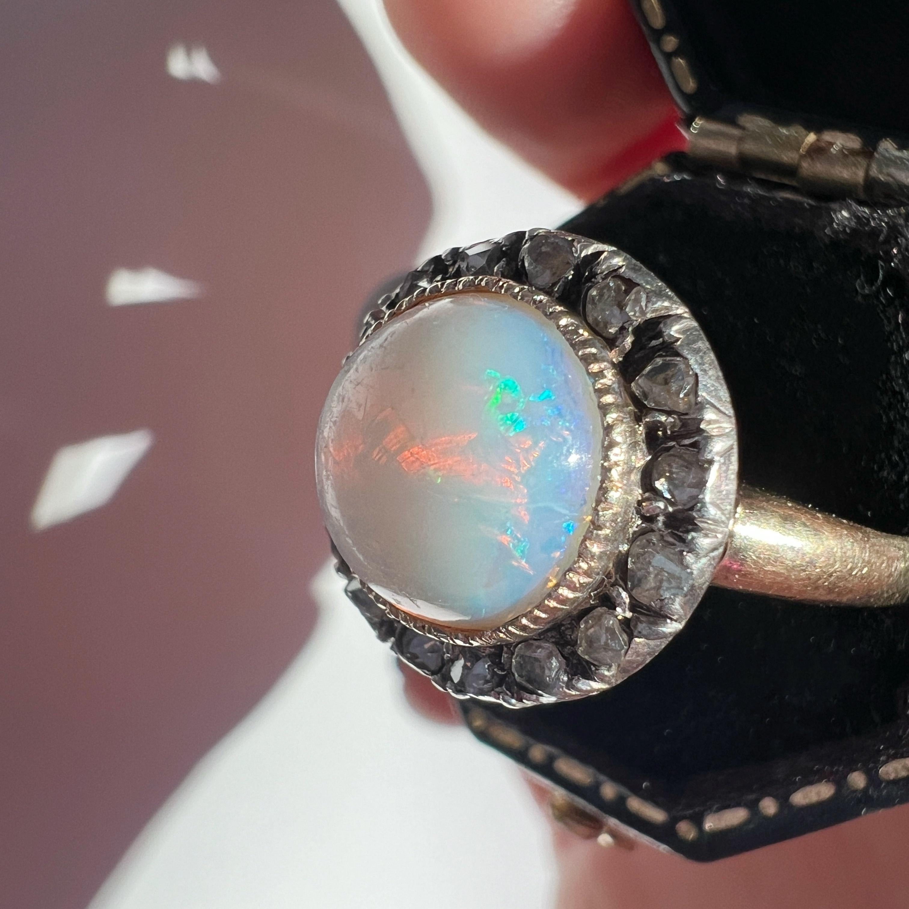 Rose Cut French antique Victorian era 18K gold opal cabochon diamond halo ring