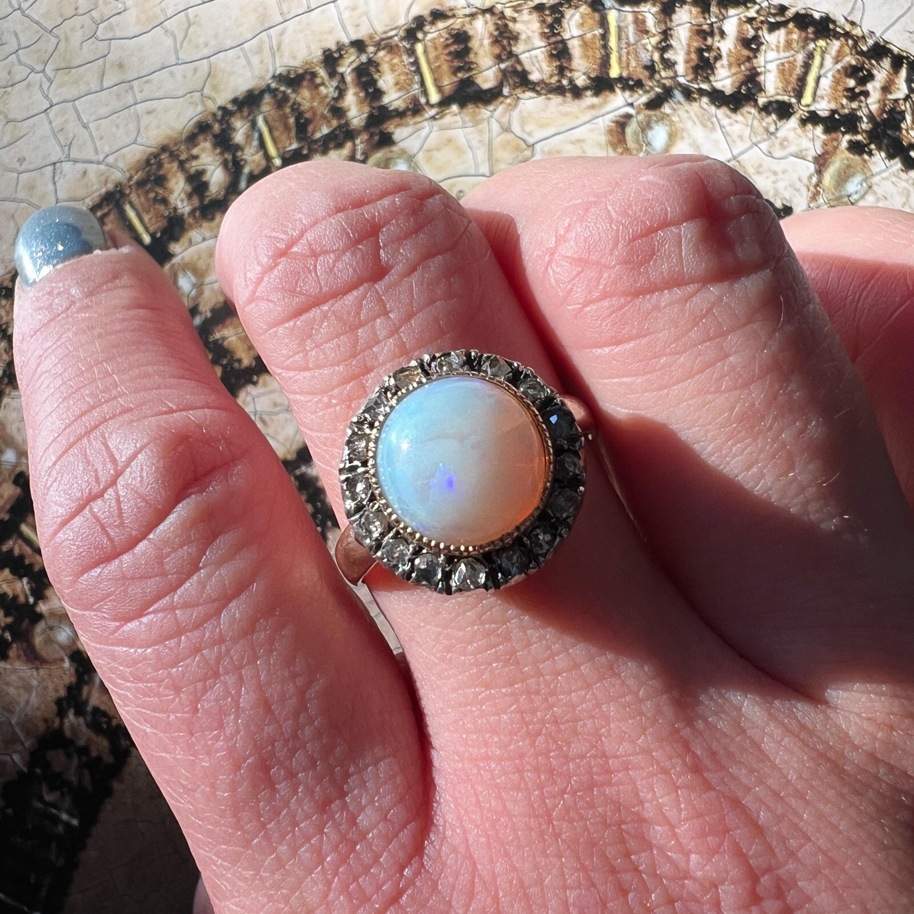 Women's or Men's French antique Victorian era 18K gold opal cabochon diamond halo ring For Sale