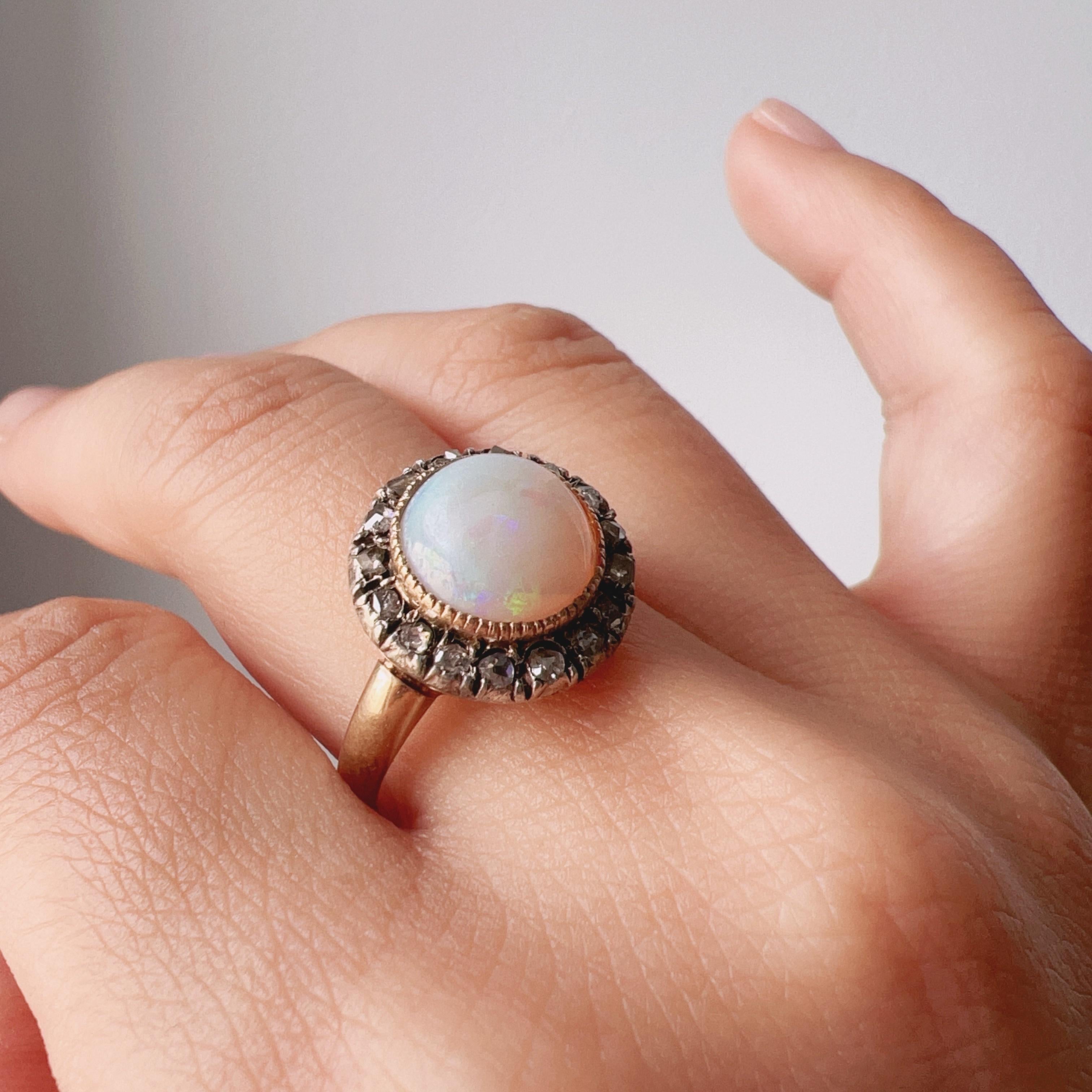 French antique Victorian era 18K gold opal cabochon diamond halo ring For Sale 2