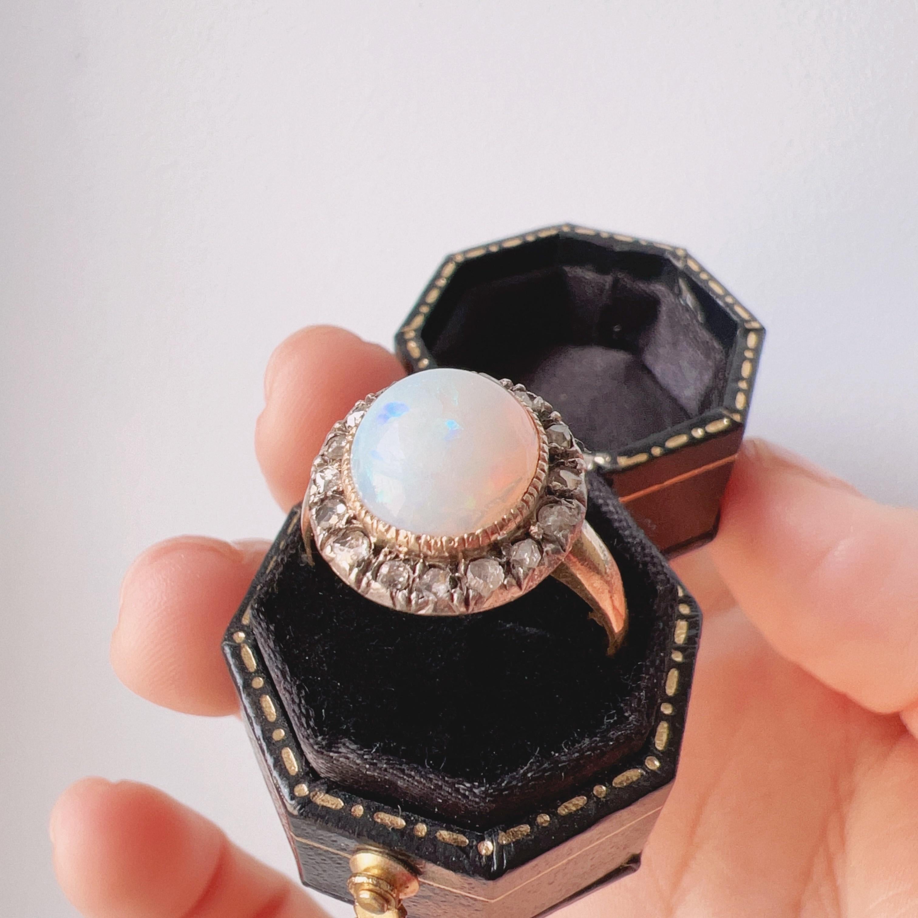 French antique Victorian era 18K gold opal cabochon diamond halo ring For Sale 3