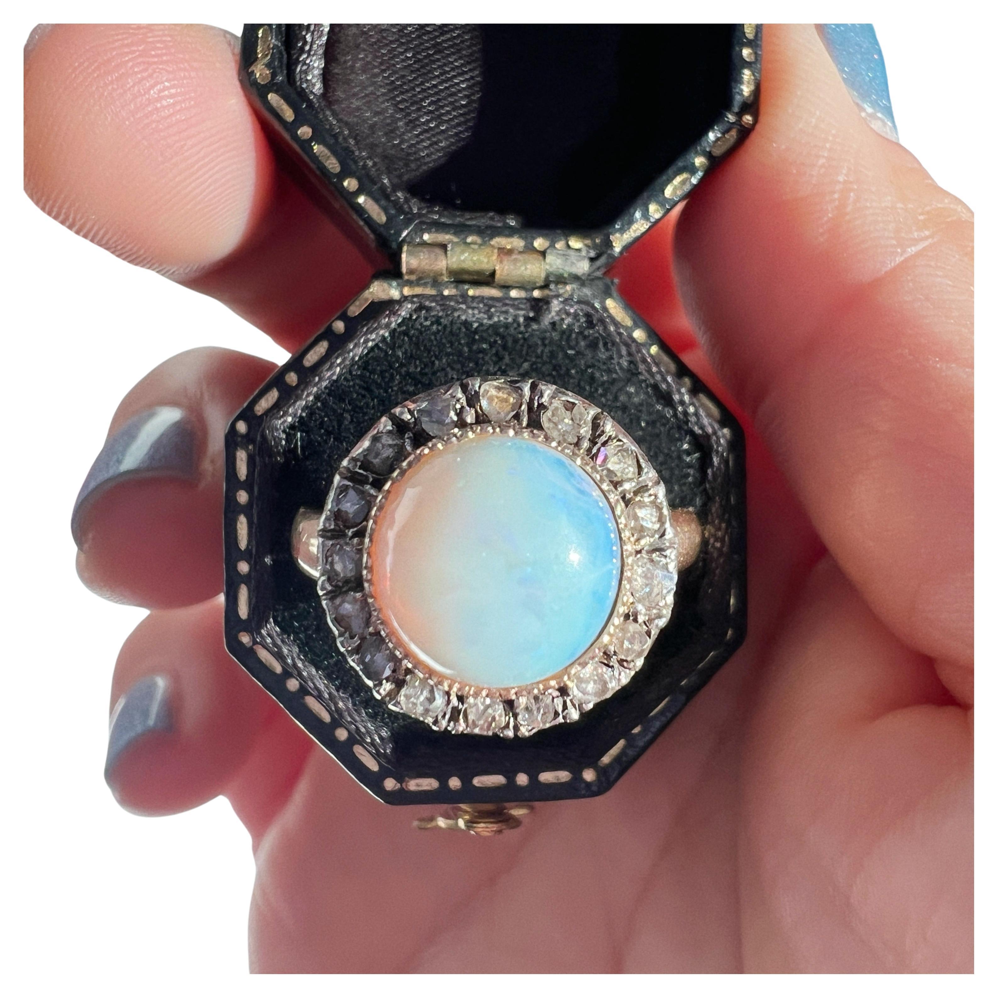 French antique Victorian era 18K gold opal cabochon diamond halo ring For Sale