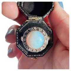 French antique Victorian era 18K gold opal cabochon diamond halo ring