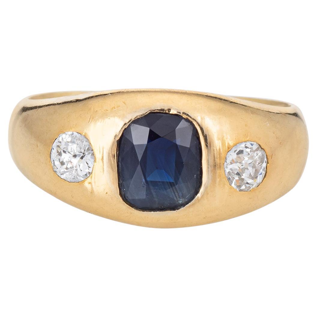 French Antique Victorian Ring Sapphire Diamond Trilogy Band 18k Yellow Gold 7.5