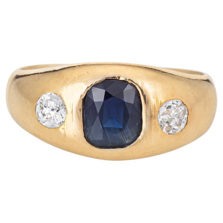 French Antique Victorian Ring Sapphire Diamond Trilogy Band 18k Yellow Gold 7.5 For Sale at 1stDibs