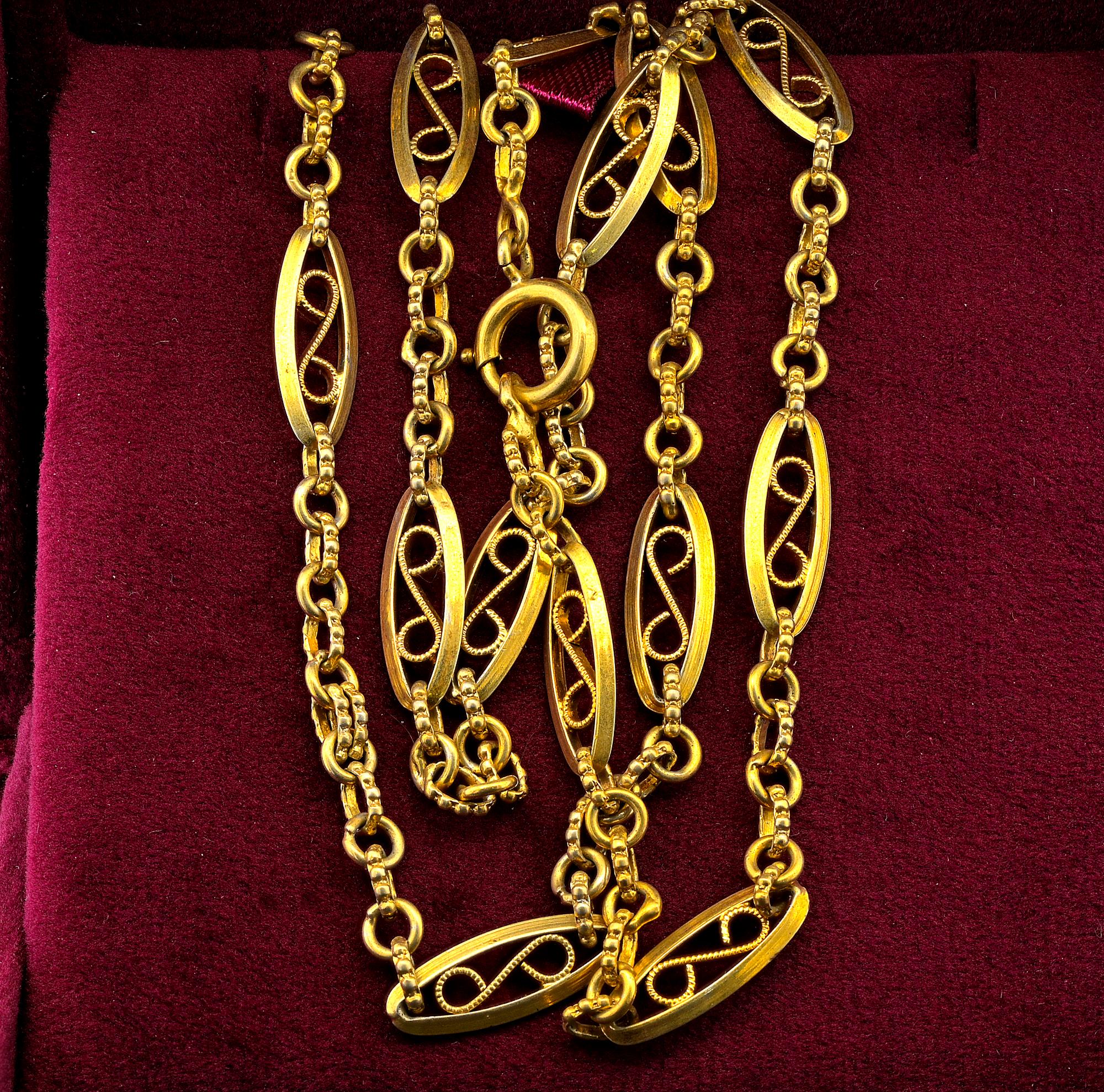 Late Victorian French Antique Victorian Sautoir  Chain Sterling Silver 18ct Gold Gilt For Sale