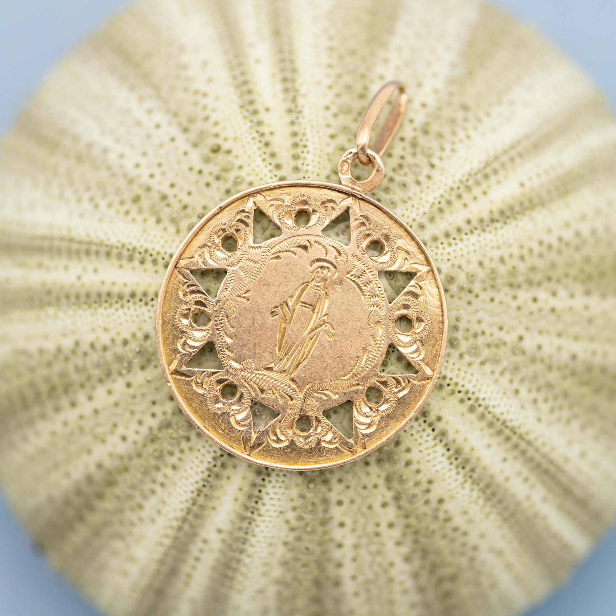 French Antique Virgin Mary - 18k Gold Medal - Rare Religious Catholic Charm 5