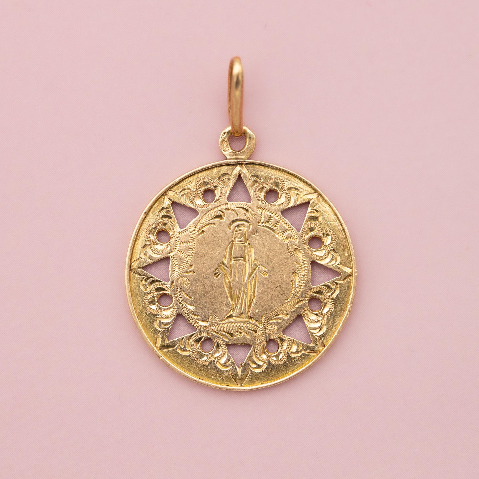 French Antique Virgin Mary - 18k Gold Medal - Rare Religious Catholic Charm 6