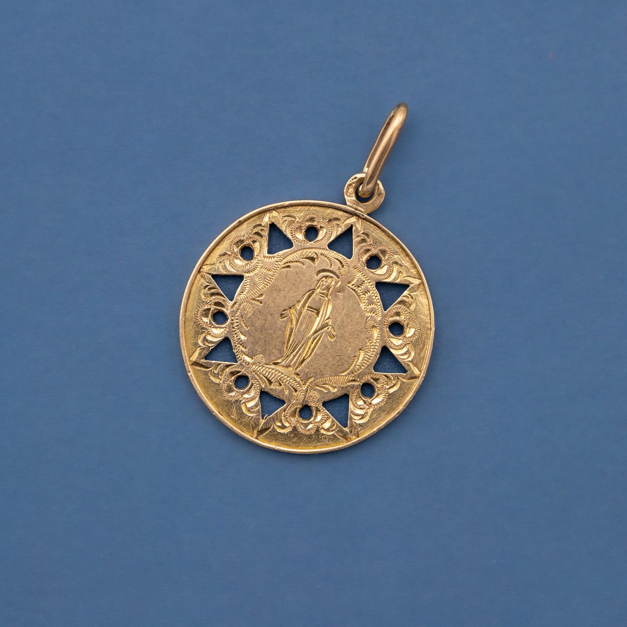 Retro French Antique Virgin Mary - 18k Gold Medal - Rare Religious Catholic Charm