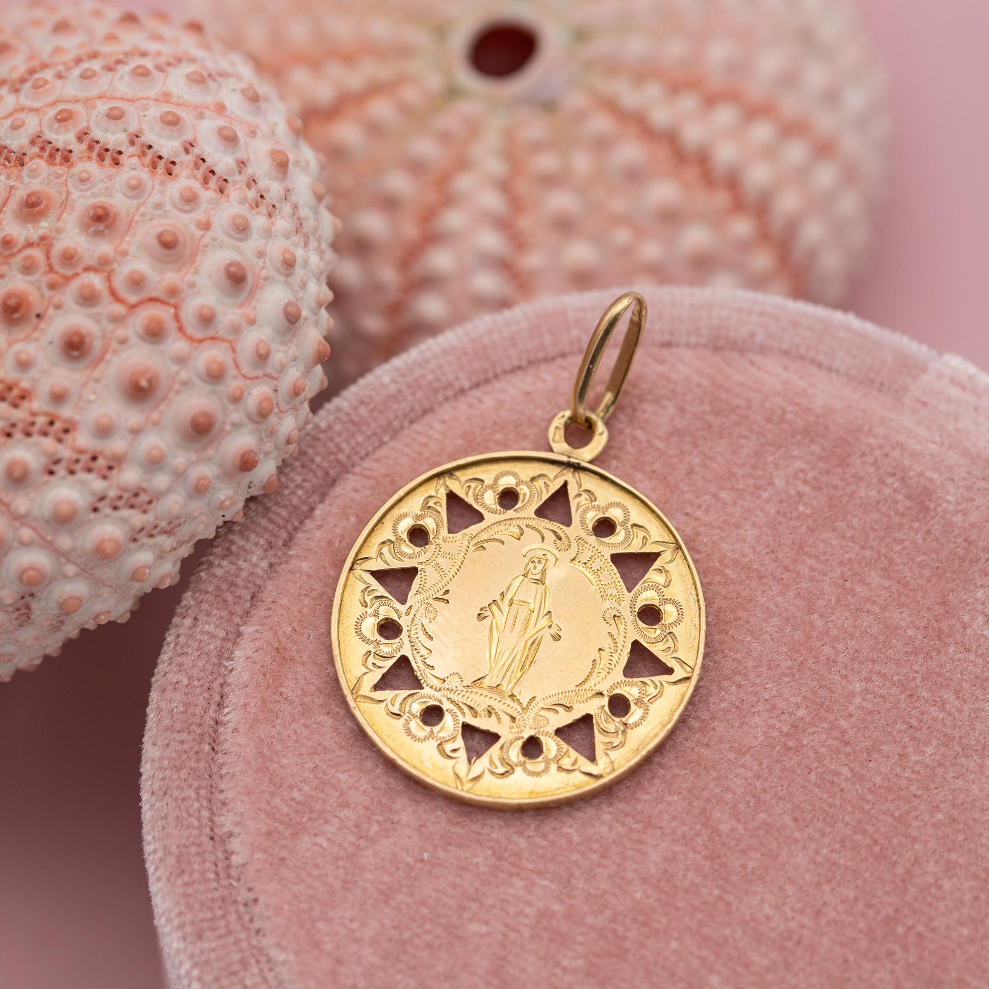 French Antique Virgin Mary - 18k Gold Medal - Rare Religious Catholic Charm 1