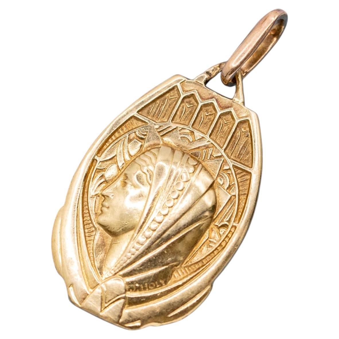 French Antique Virgin Mary pendant, 18 karat solid gold religious Catholic charm