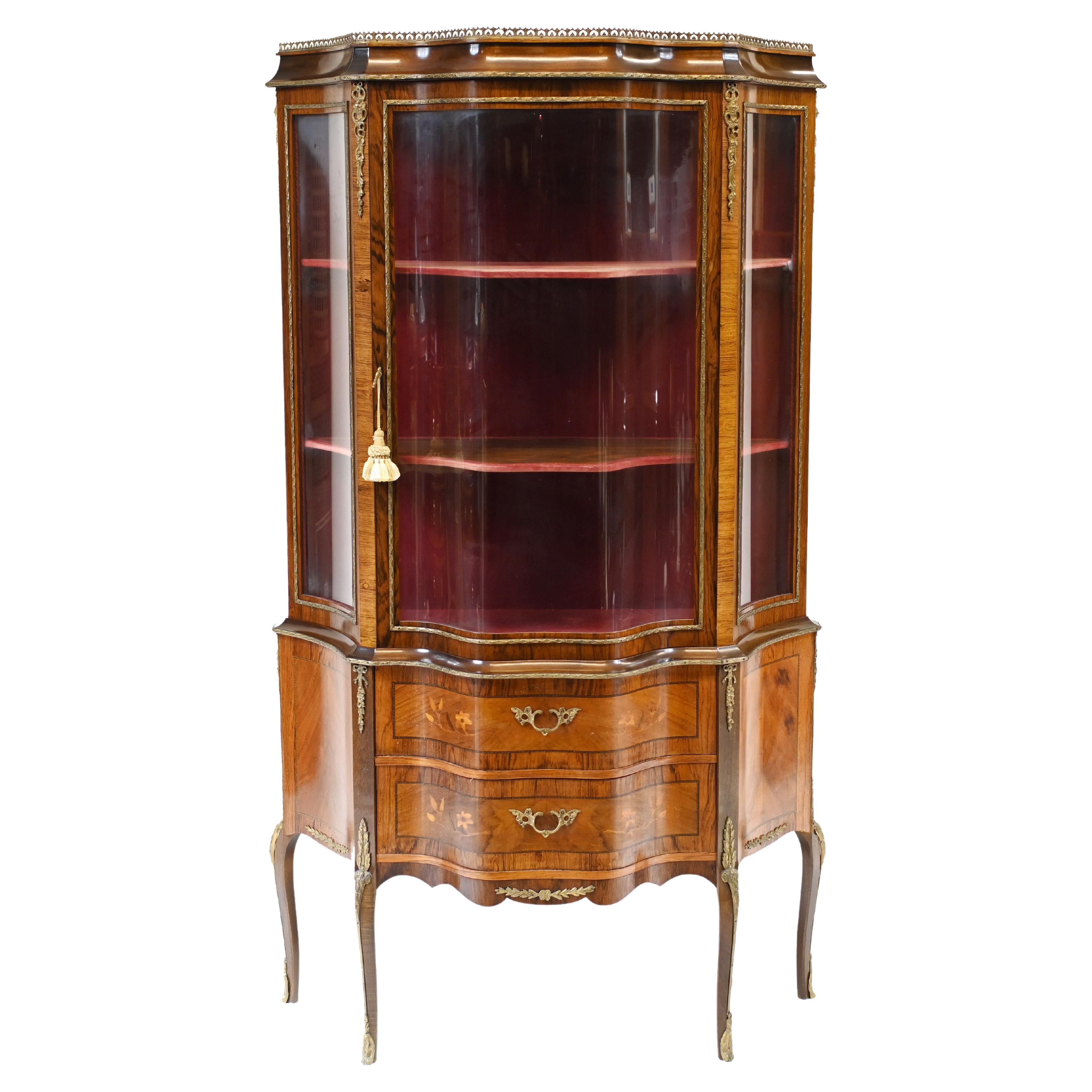 Antique Hand Painted Louis XV Kingwood & Gilt Bronze Bombay Vitrine