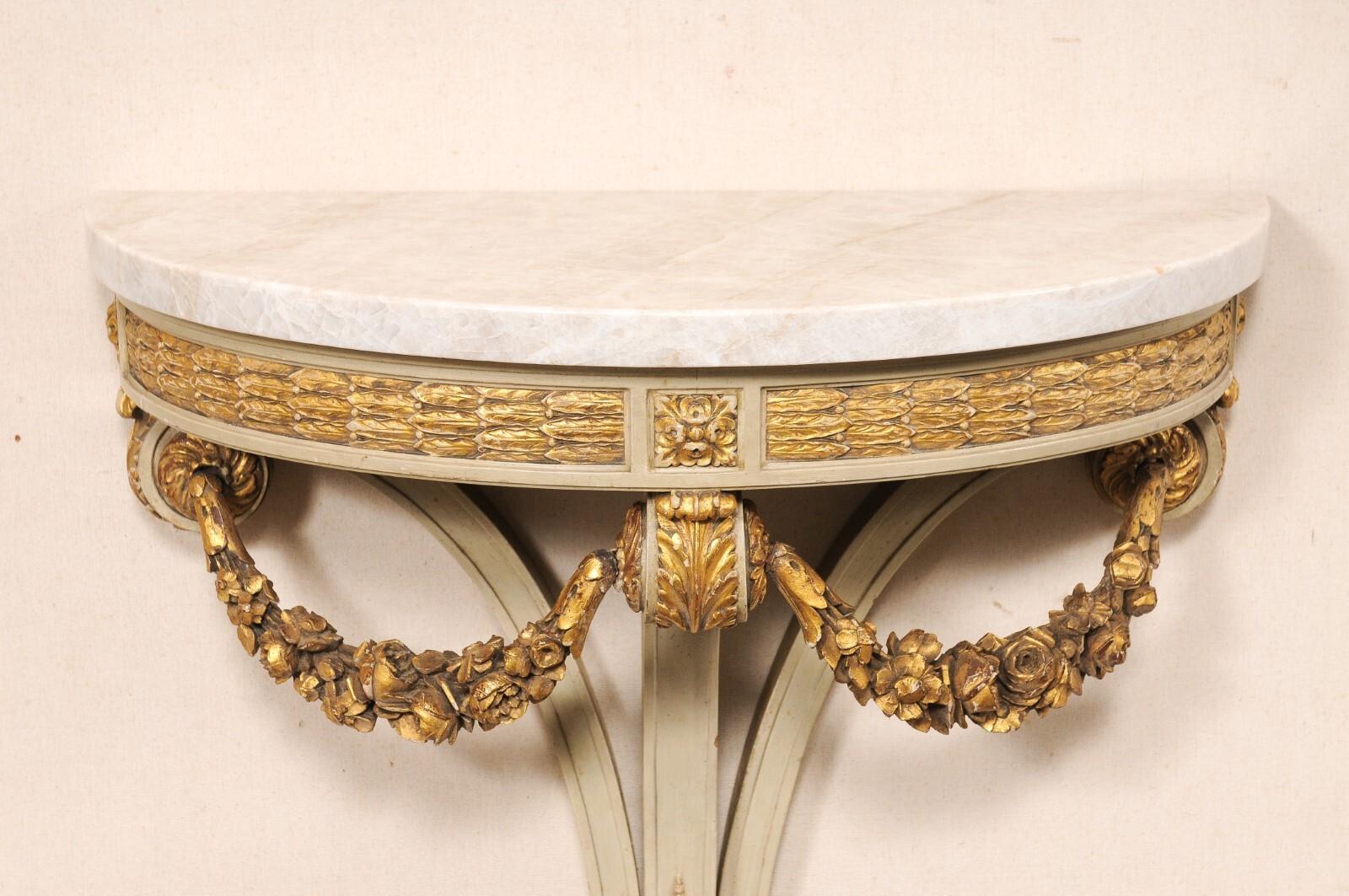 French Antique Wall Consoles w/Carved Garland Swags & Taj Mahal Quartz Tops For Sale 5