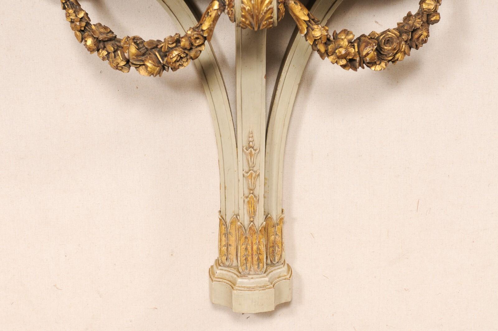 French Antique Wall Consoles w/Carved Garland Swags & Taj Mahal Quartz Tops For Sale 6