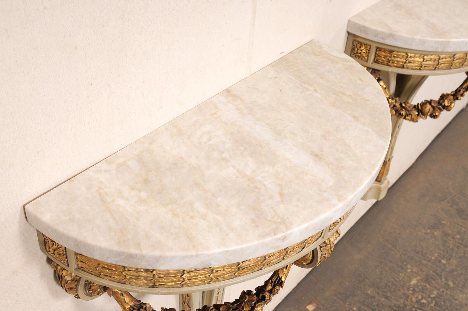 French Antique Wall Consoles w/Carved Garland Swags & Taj Mahal Quartz Tops For Sale 7