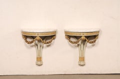 French Antique Wall Consoles w/Carved Garland Swags & Taj Mahal Quartz Tops