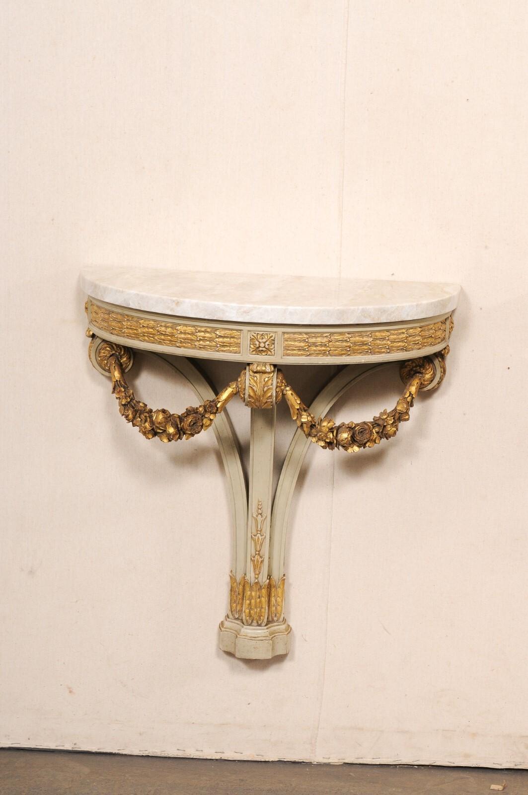 French Antique Wall Consoles w/Carved Garland Swags & Taj Mahal Quartz Tops In Good Condition For Sale In Atlanta, GA