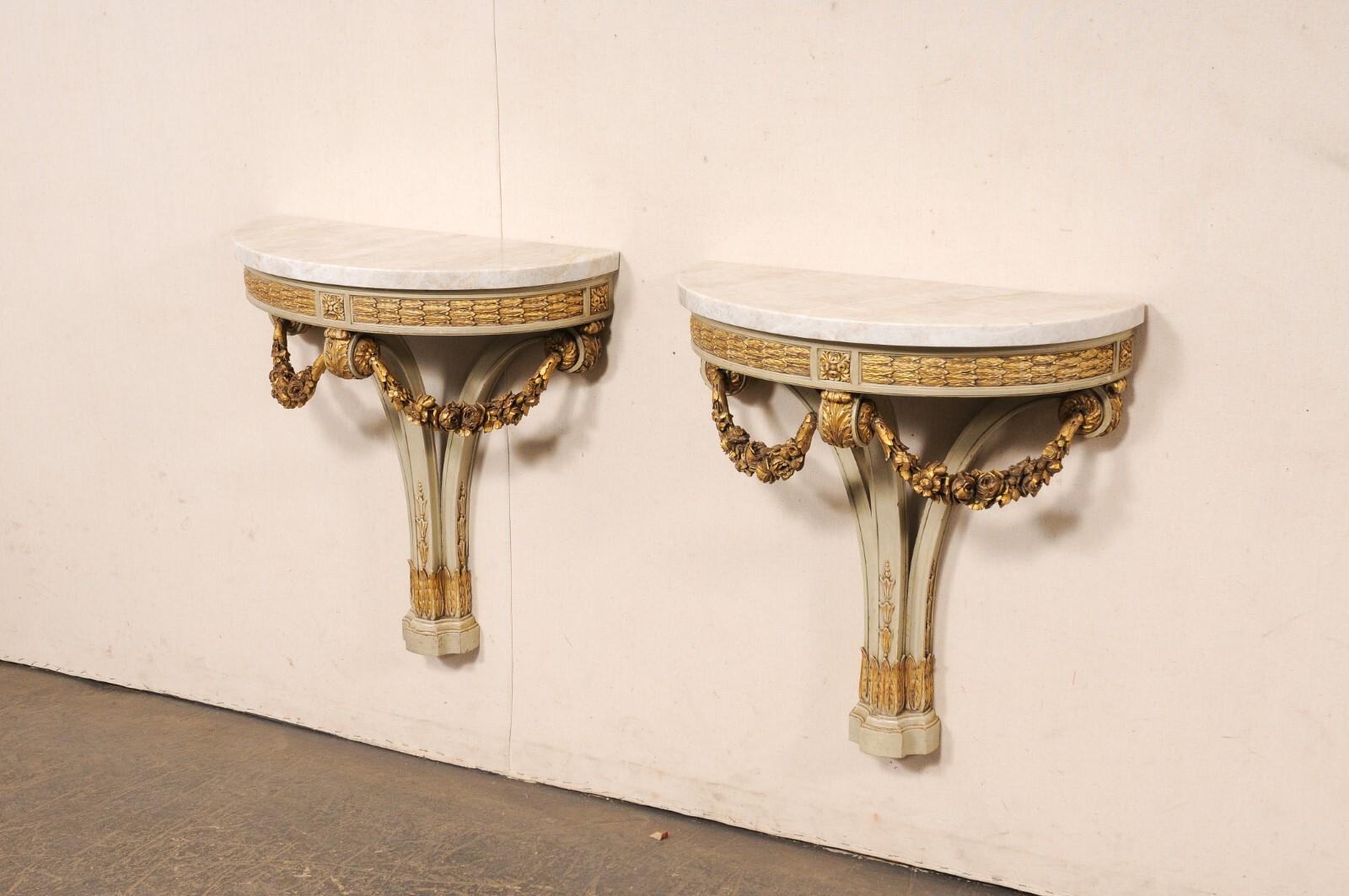 Marble French Antique Wall Consoles w/Carved Garland Swags & Taj Mahal Quartz Tops For Sale
