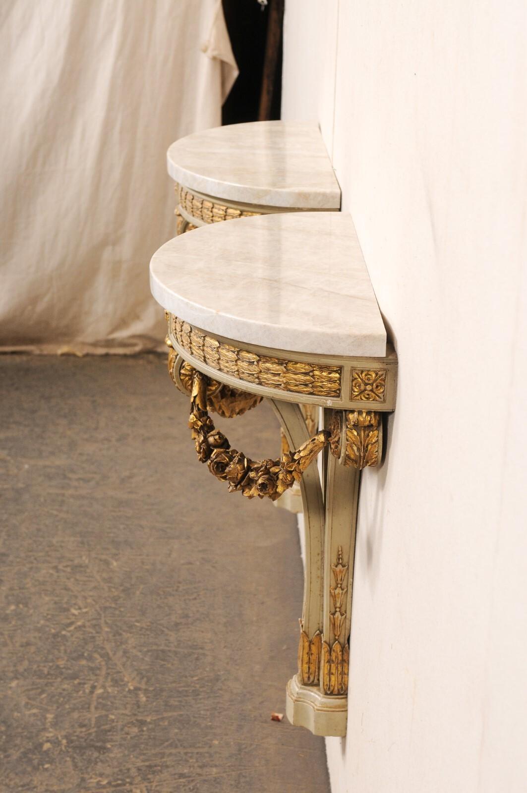French Antique Wall Consoles w/Carved Garland Swags & Taj Mahal Quartz Tops For Sale 1