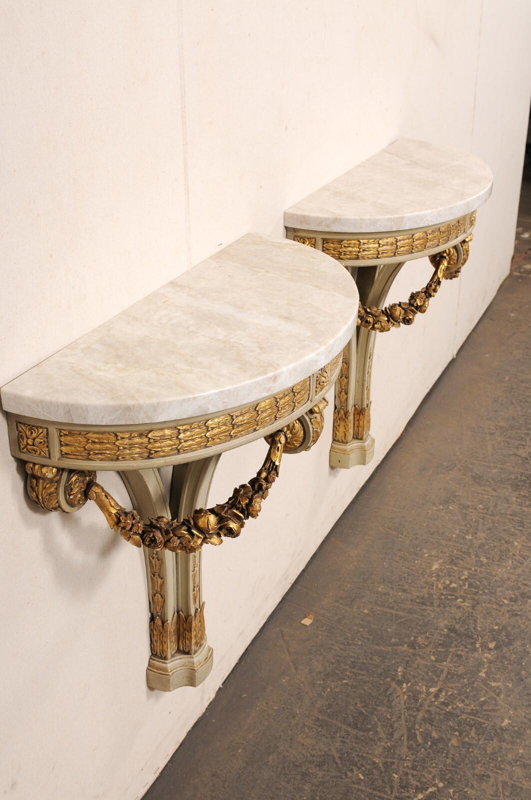 French Antique Wall Consoles w/Carved Garland Swags & Taj Mahal Quartz Tops For Sale 2