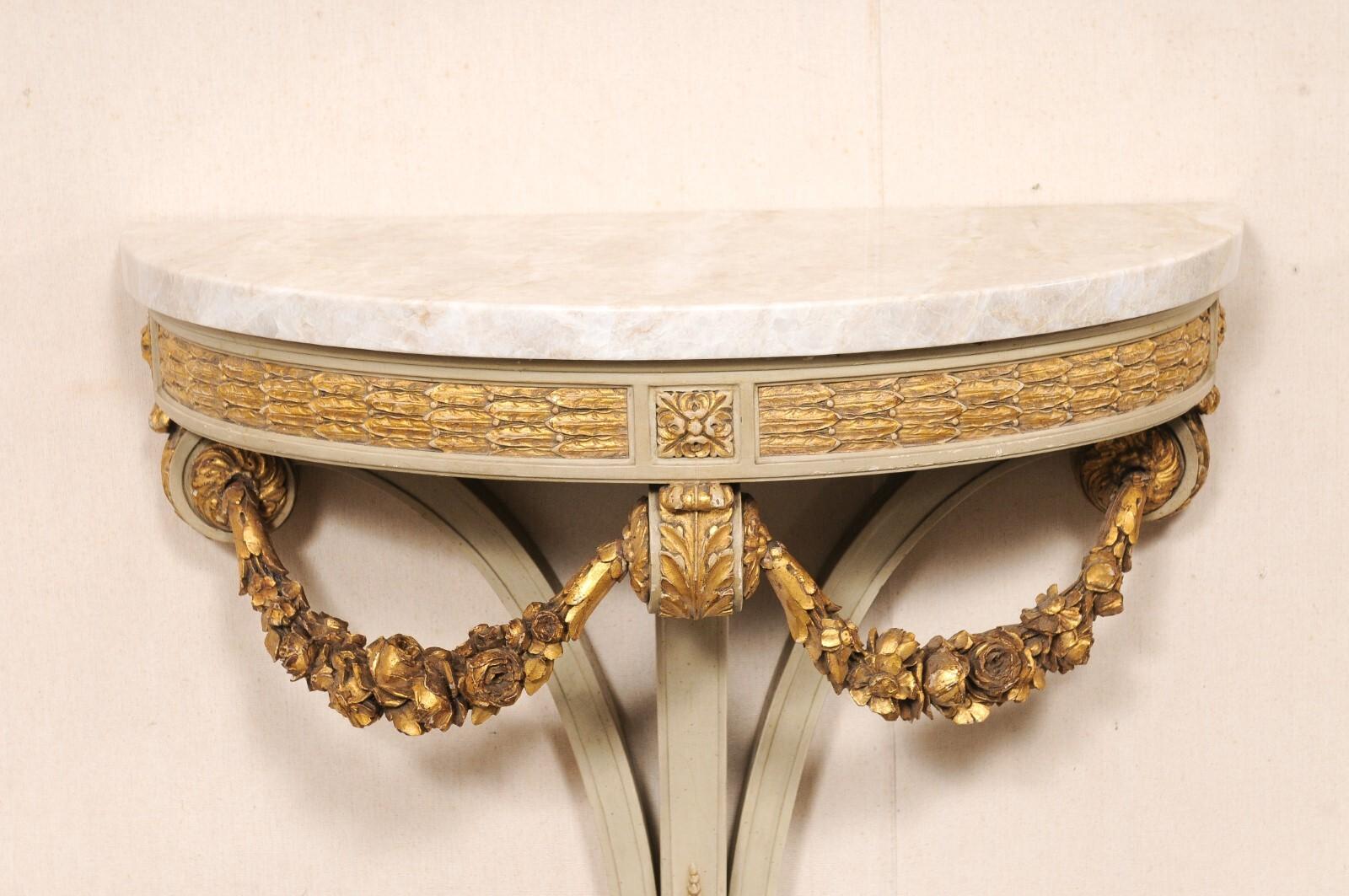 French Antique Wall Consoles w/Carved Garland Swags & Taj Mahal Quartz Tops For Sale 3