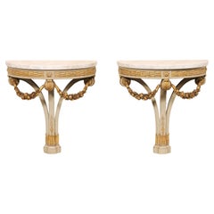 French Antique Wall Consoles w/Carved Garland Swags & Taj Mahal Quartz Tops