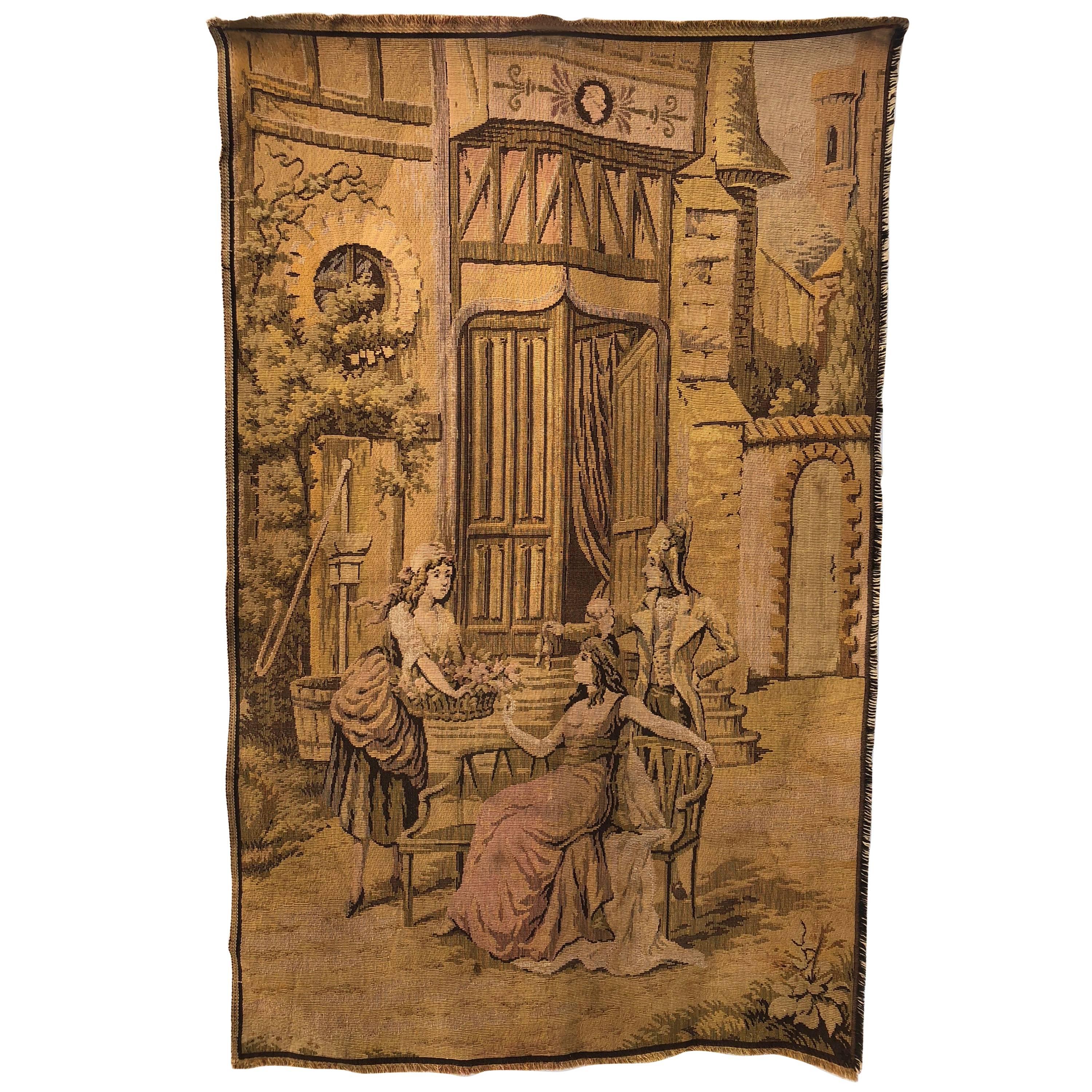 French Antique Wall Hanging Tapestry of Village Girl Selling Flowers, 1900s For Sale