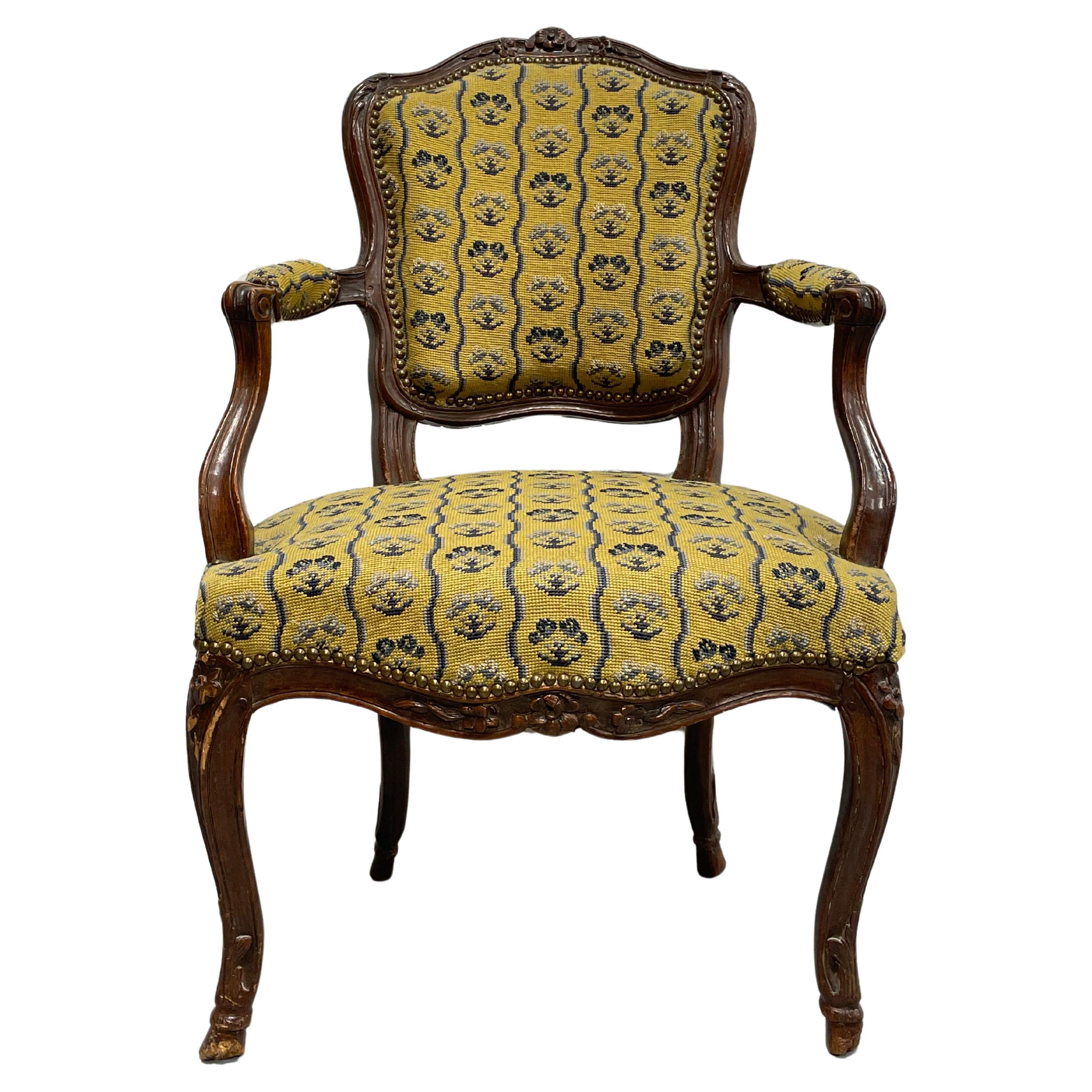 French Antique Walnut Louis XV Armchair, c. 1770