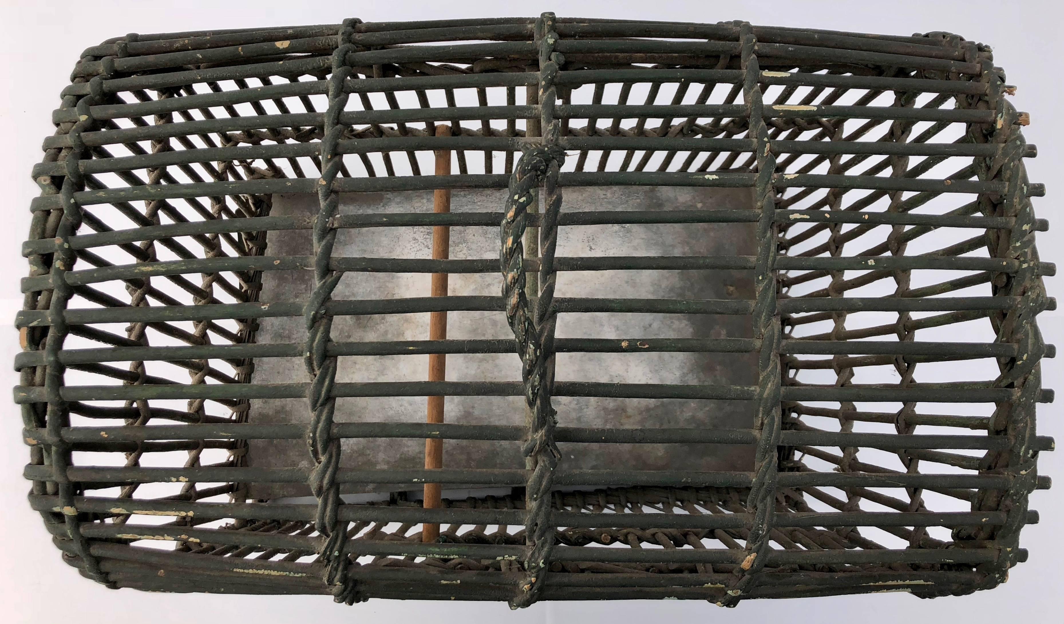20th Century French Antique Wicker Duck Carrying Basket Painted Green with Metal Tray For Sale