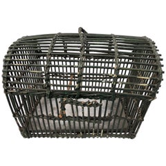 French Vintage Wicker Duck Carrying Basket Painted Green with Metal Tray