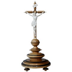 French Antique Wood Crucifix with Porcelain Bisque Figure of Christ