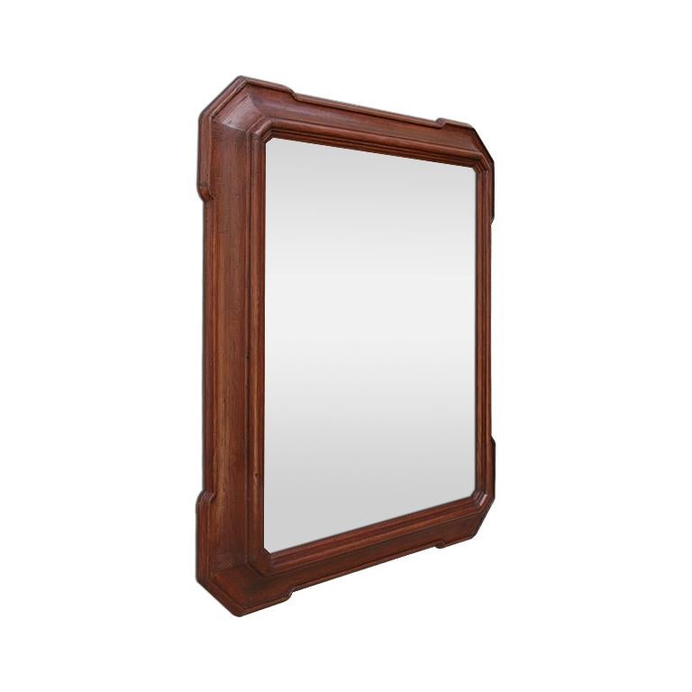 Antique French wall mirror with cut corners, stained wood antique frame. Modern glass mirror. (Antique frame width: 9 cm).
