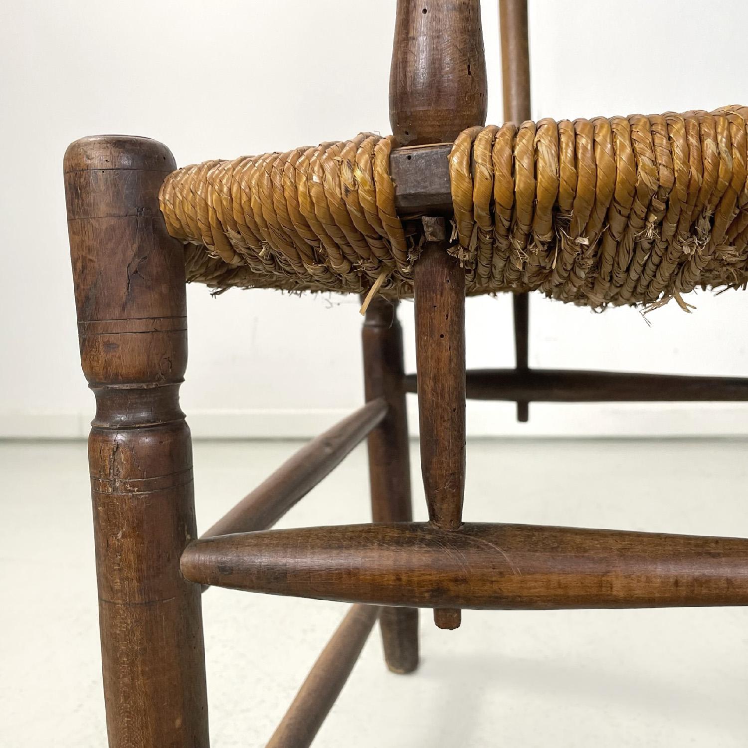 French antique wood oak and straw chair with armrests decorations, late 1800s For Sale 5