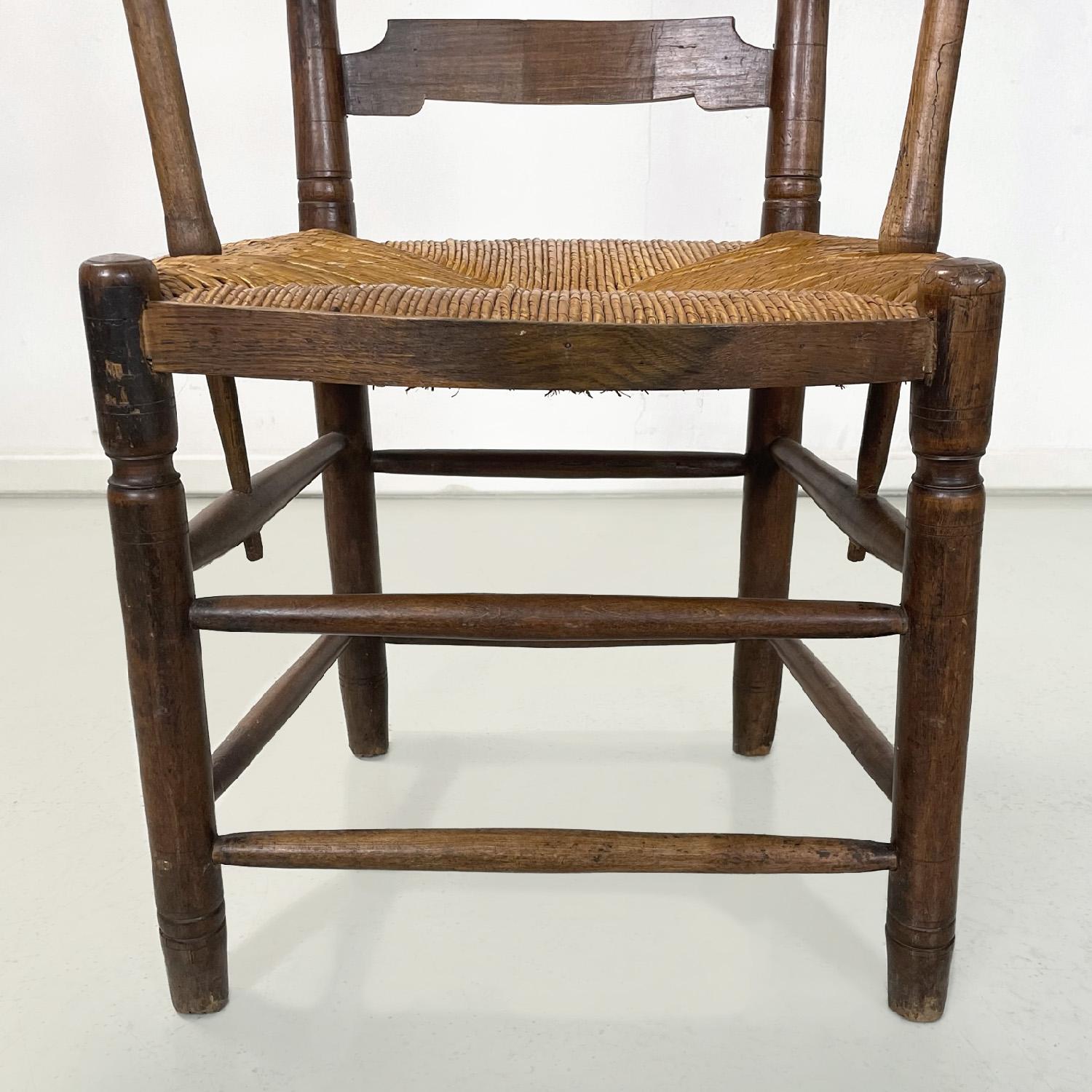 French antique wood oak and straw chair with armrests decorations, late 1800s For Sale 12