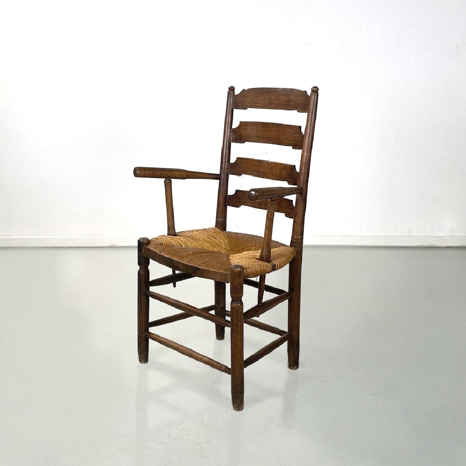 French antique wood oak and straw chair with armrests decorations, late 1800s
French chair with armrests. The structure is in oak and the seat is in straw. The backrest is high and has four shaped support strips, there are decorations on the legs