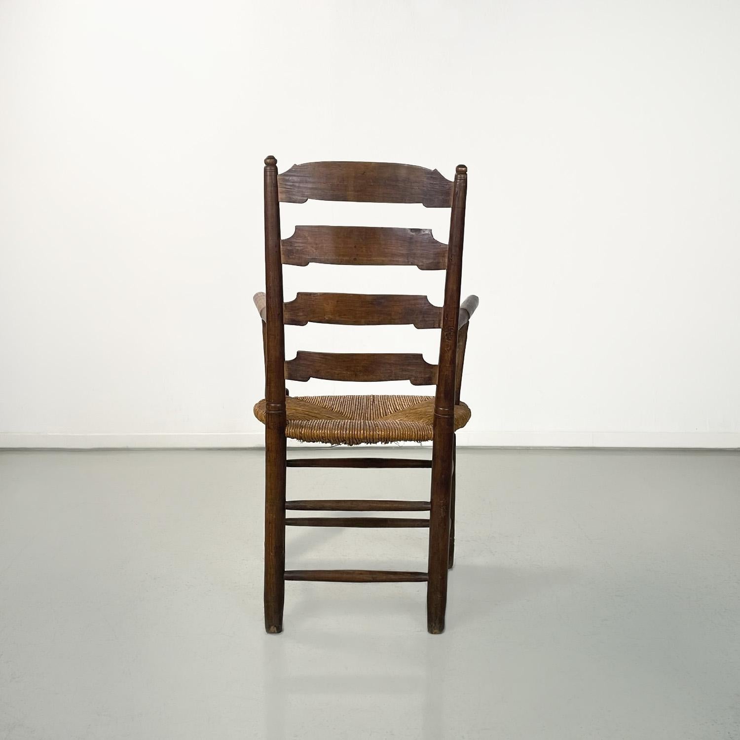 Late 19th Century French antique wood oak and straw chair with armrests decorations, late 1800s For Sale