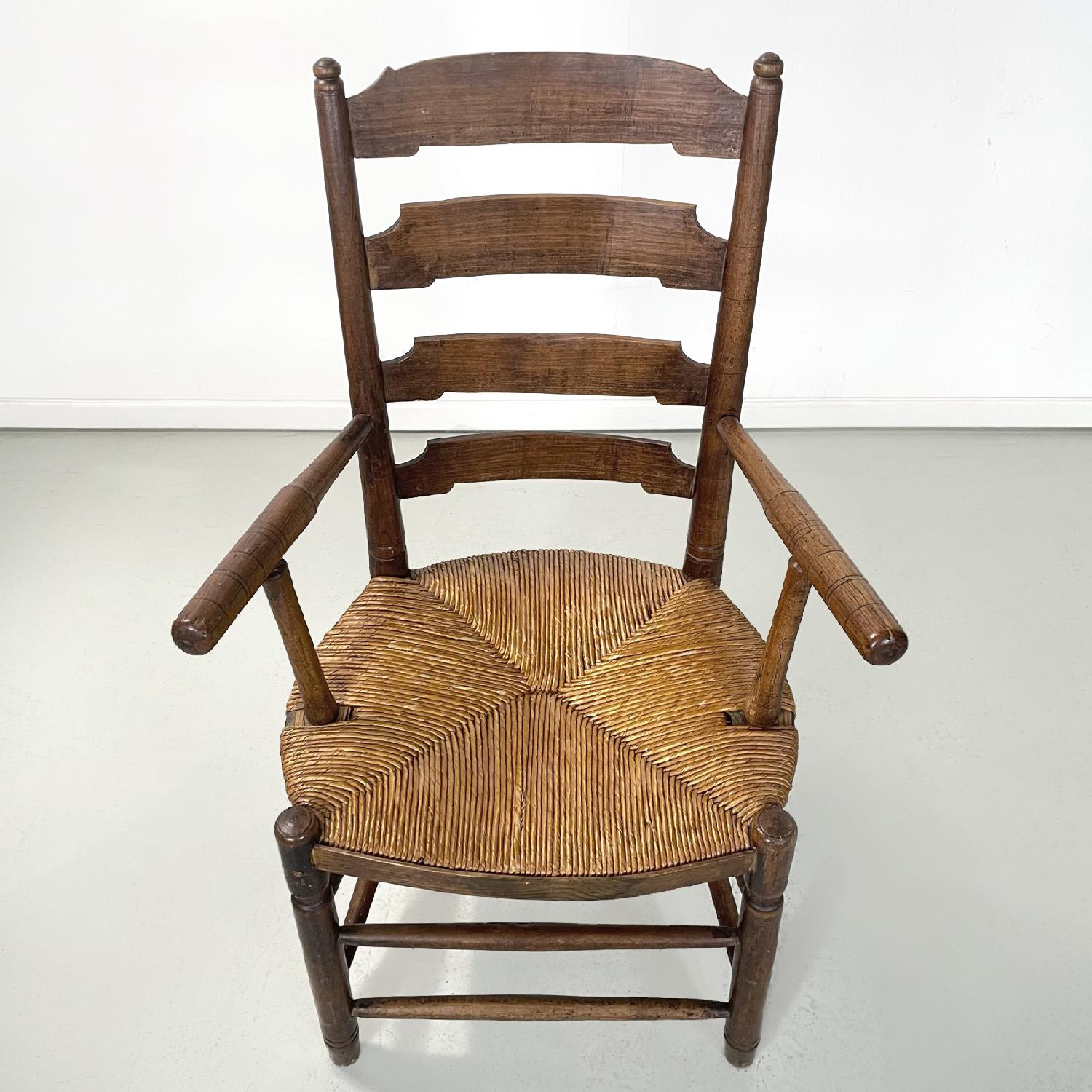 Straw French antique wood oak and straw chair with armrests decorations, late 1800s For Sale