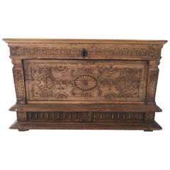 French Antique Wooden Chest Carved with Vegetal  Patter Renaissance Period 16th
