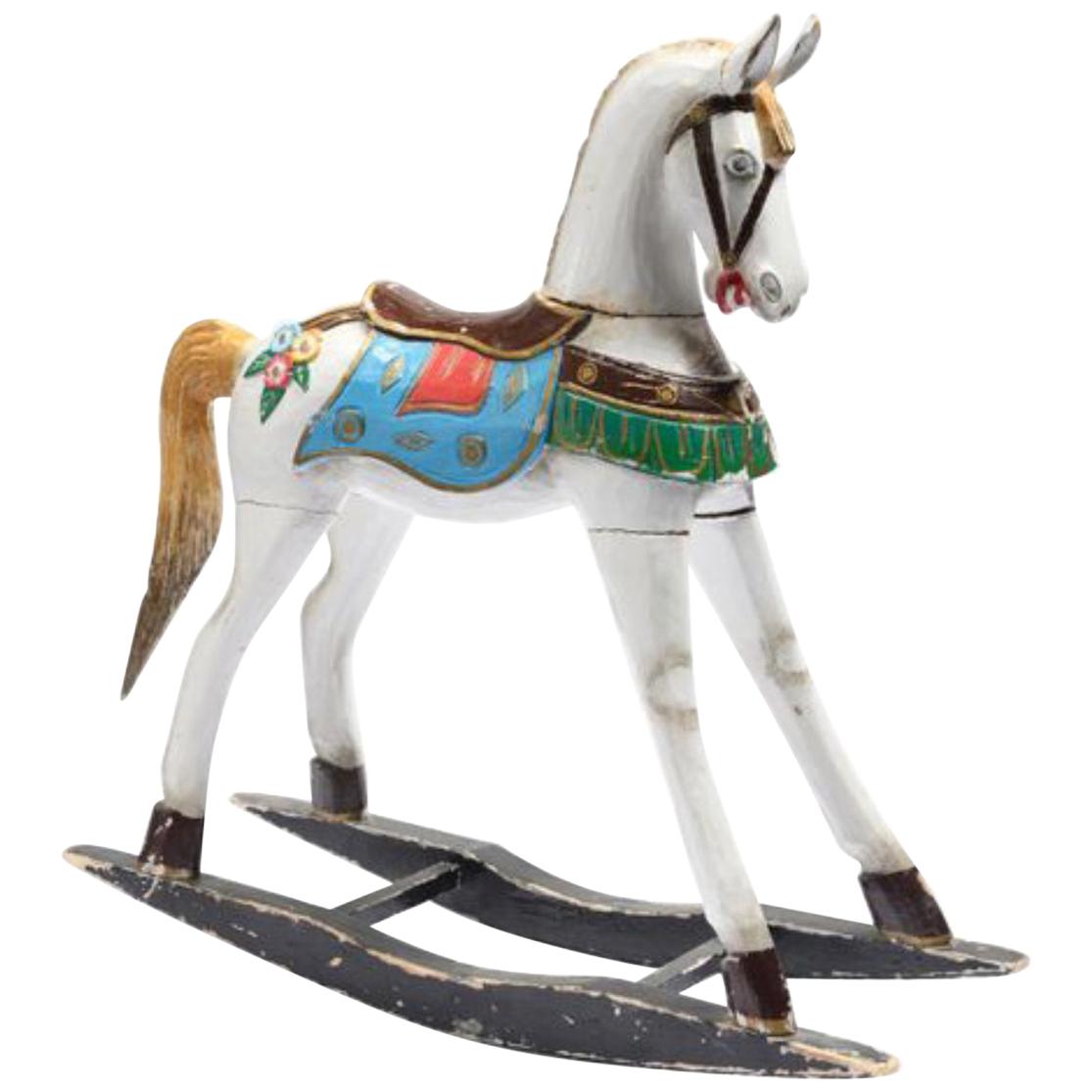 French Antique Wooden Hand Carved and Hand Painted Rocking Horse 