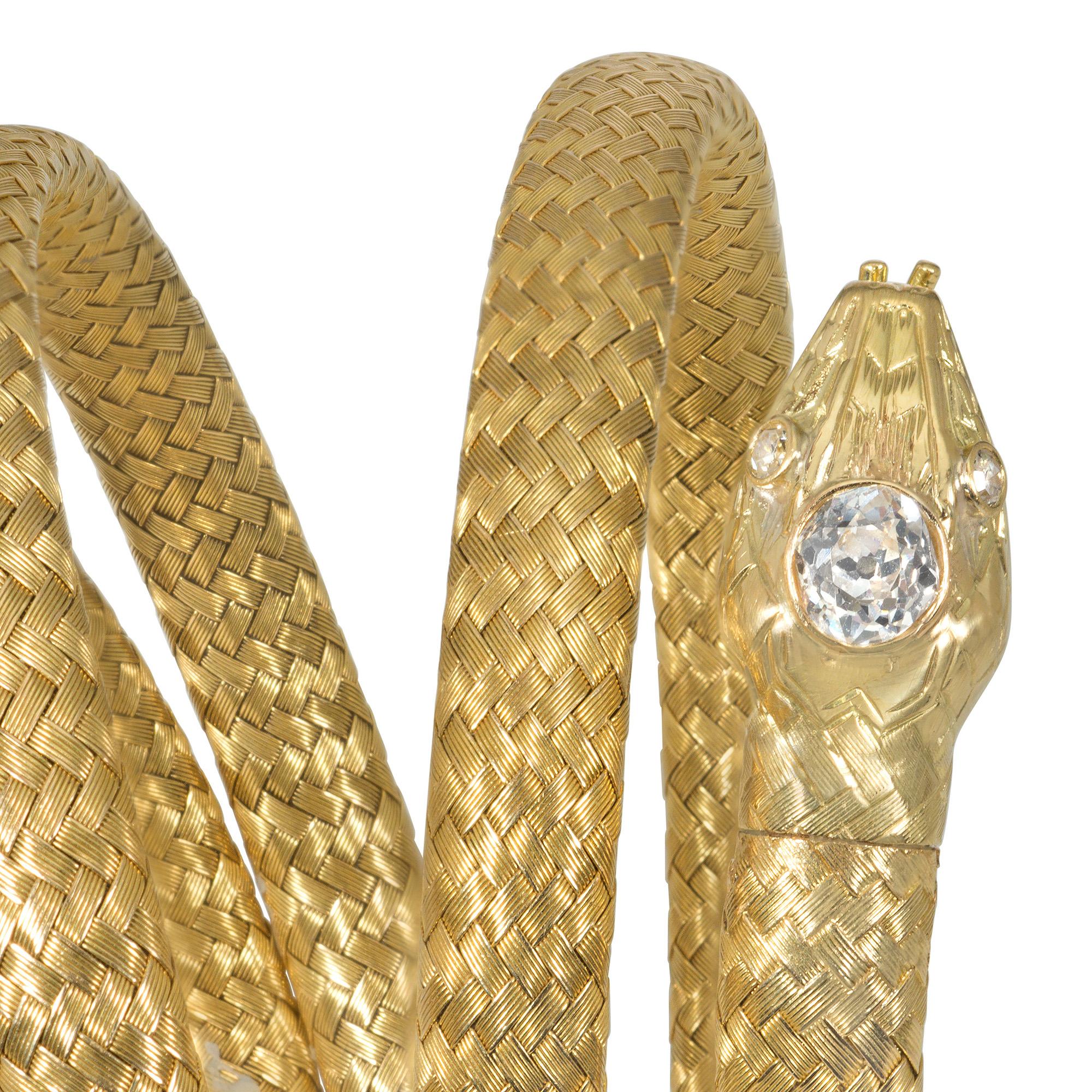 Late Victorian French Antique Woven Gold and Diamond Flexible Coiled Snake Bracelet For Sale