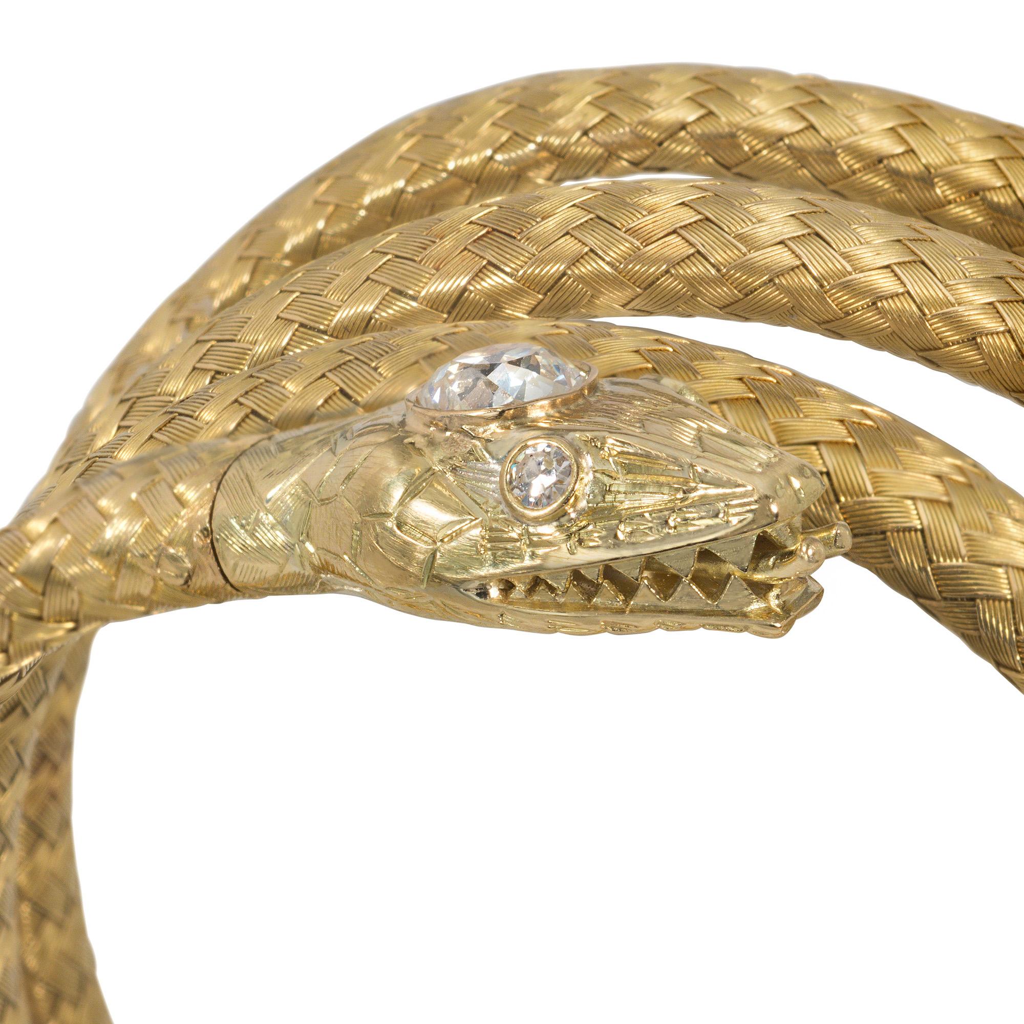 Old European Cut French Antique Woven Gold and Diamond Flexible Coiled Snake Bracelet For Sale