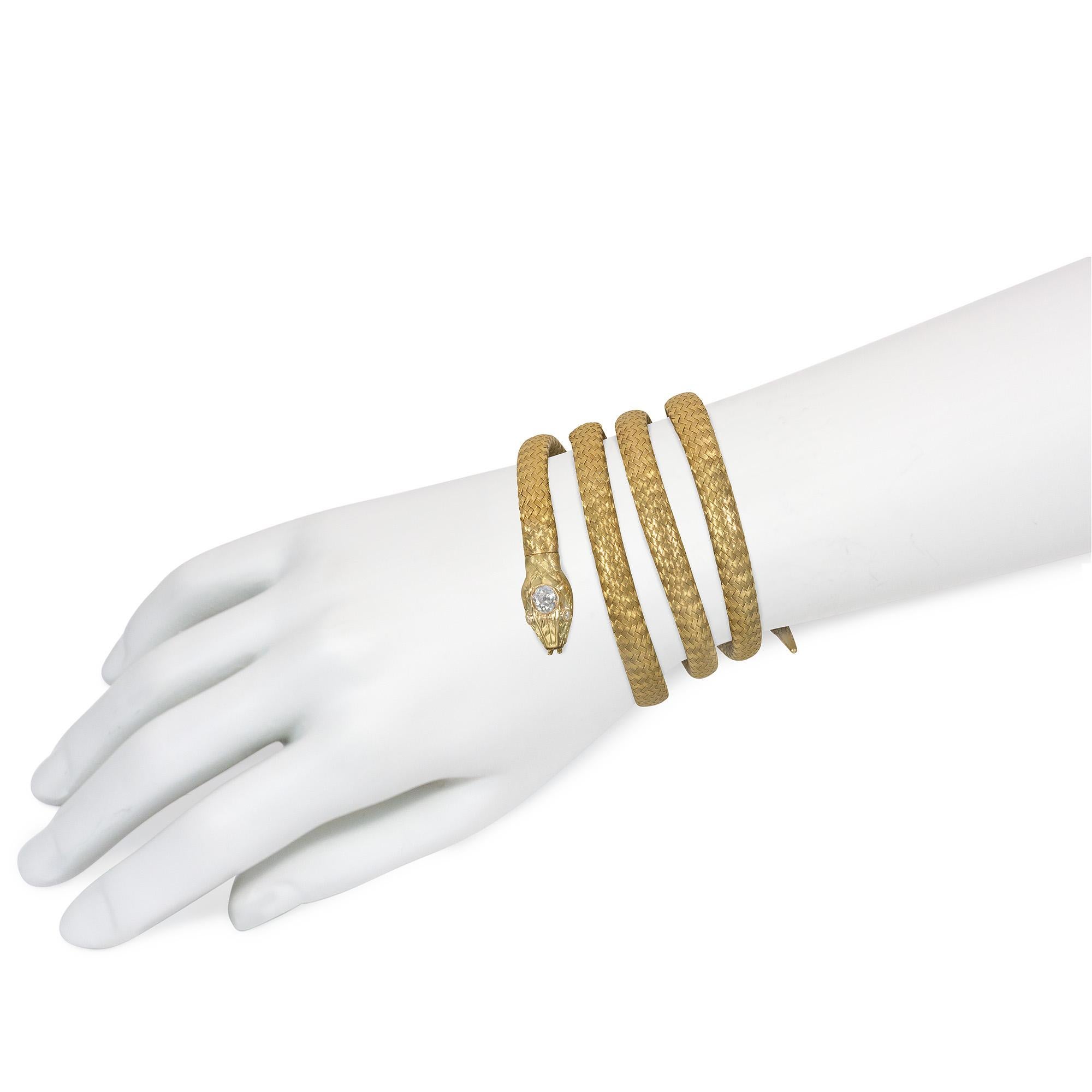 Women's or Men's French Antique Woven Gold and Diamond Flexible Coiled Snake Bracelet For Sale