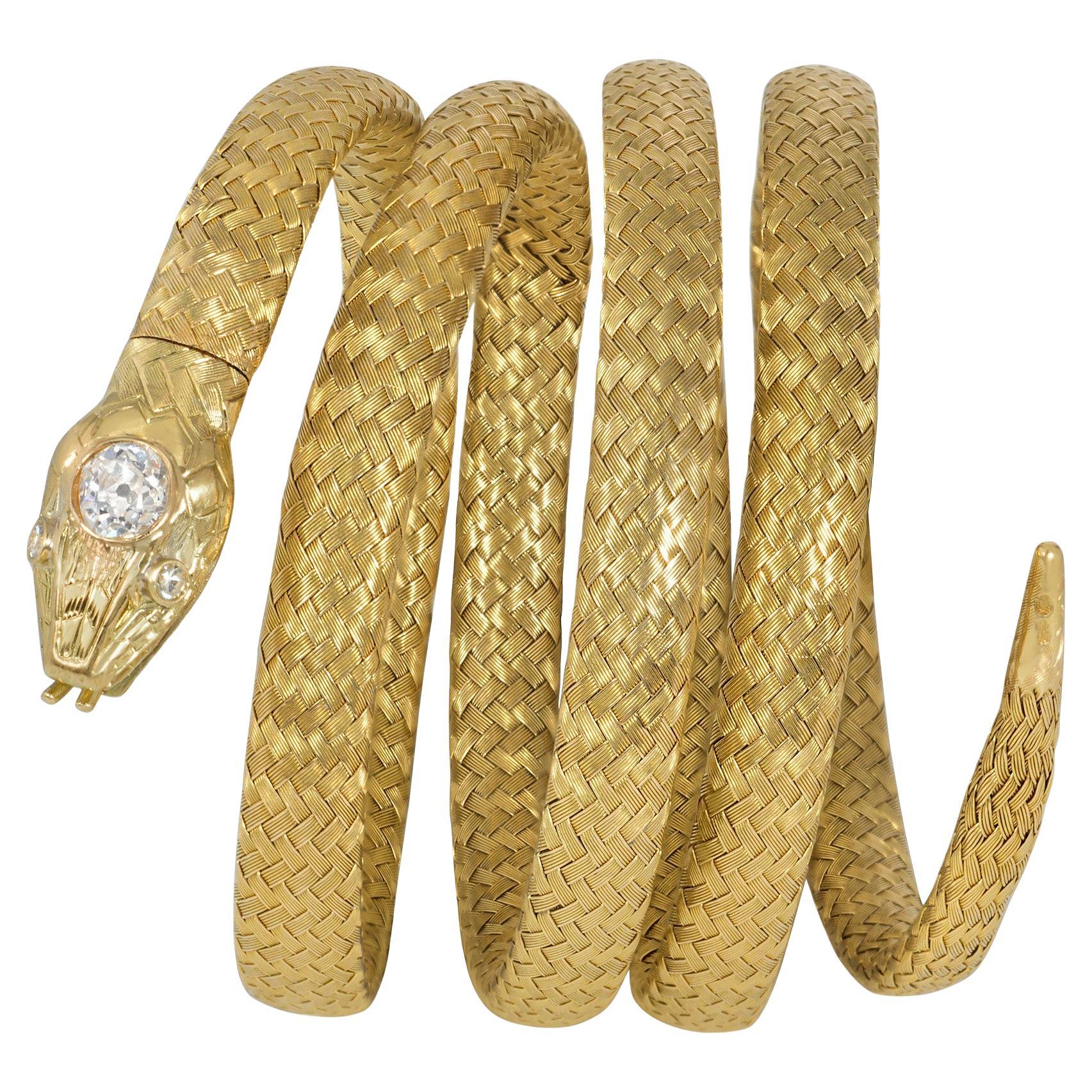 French Antique Woven Gold and Diamond Flexible Coiled Snake Bracelet