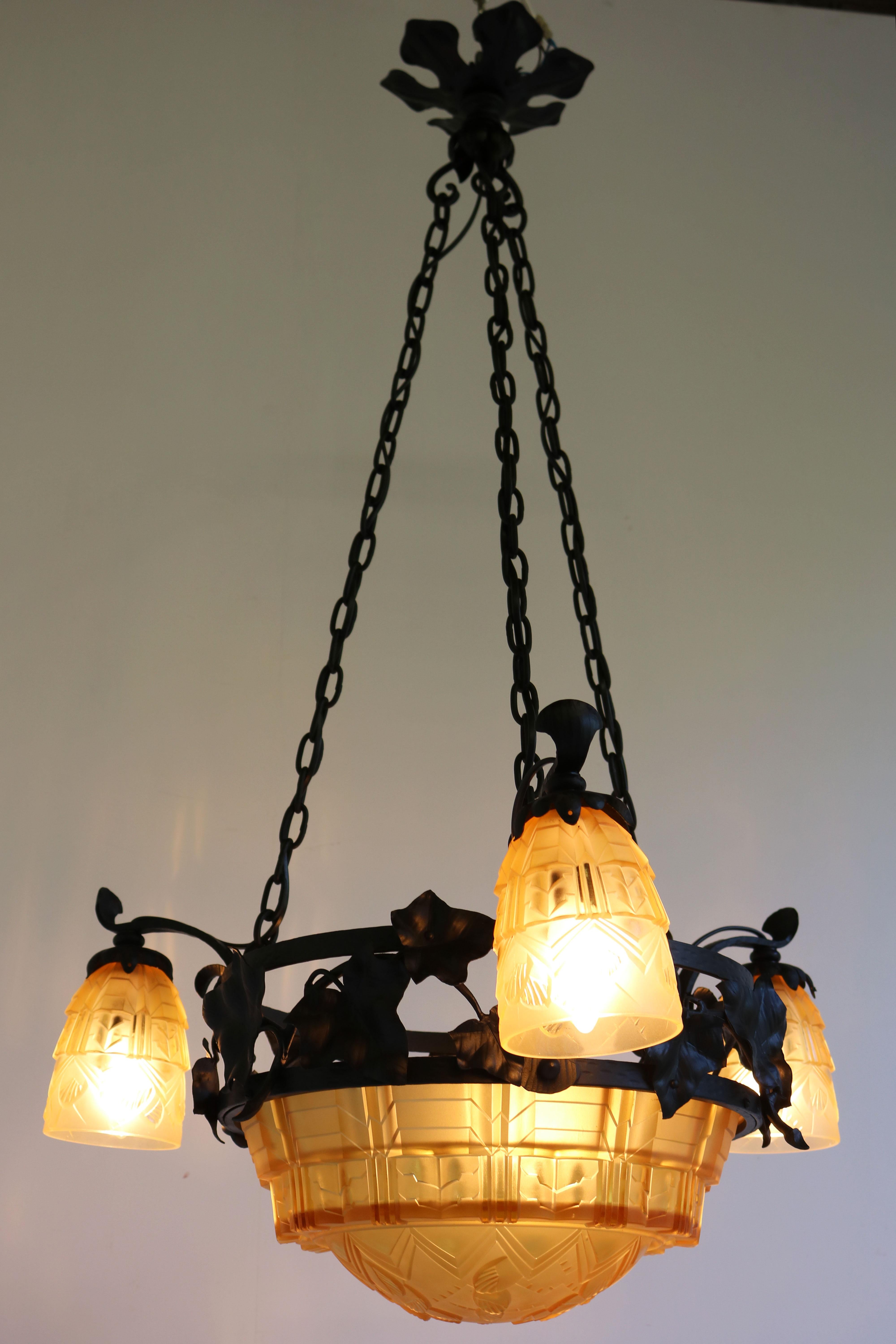 French Antique Wrought Iron Art Deco Chandelier 1930 Cut Glass Geometric Muller For Sale 11
